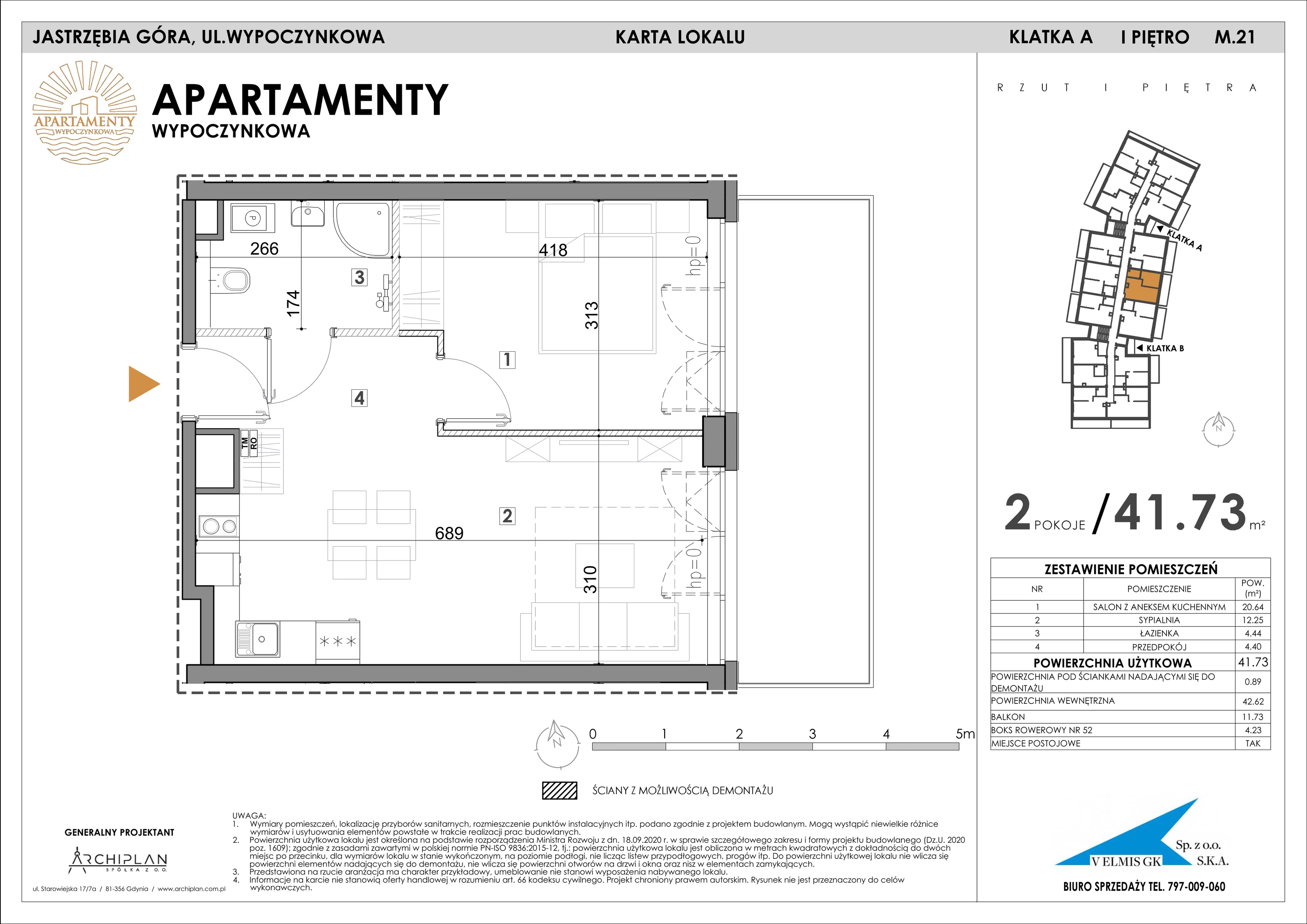 2 pokoje, apartament 41,73 m², piętro 1, oferta nr 1.21 + boks rowerowy, Apartamenty Wypoczynkowa, Jastrzębia Góra, ul. Wypoczynkowa