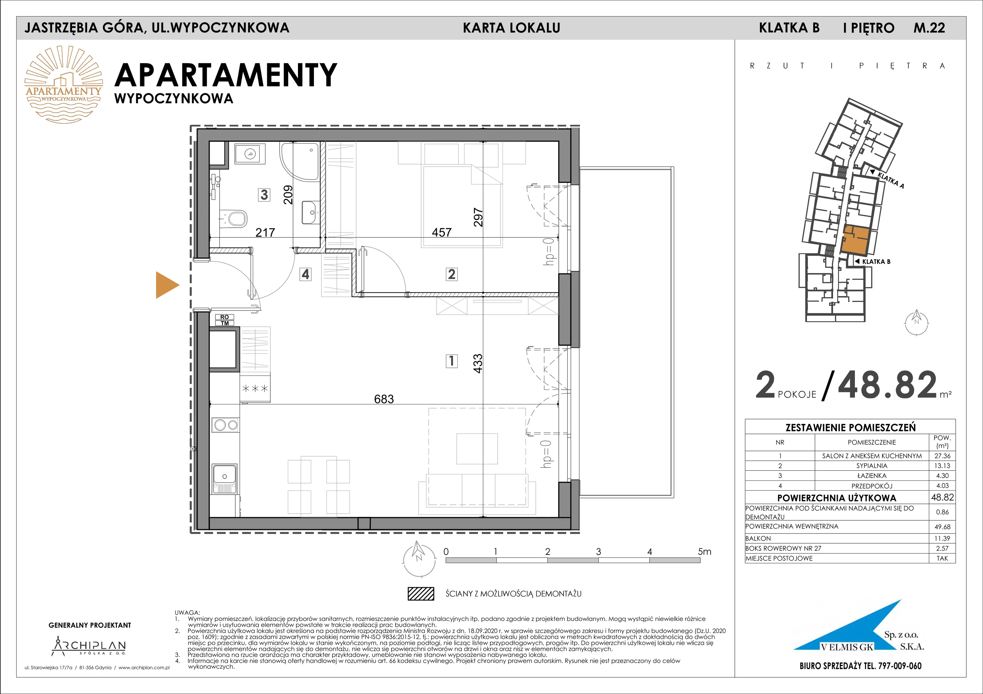 2 pokoje, apartament 48,82 m², piętro 1, oferta nr 1.22 + boks rowerowy, Apartamenty Wypoczynkowa, Jastrzębia Góra, ul. Wypoczynkowa