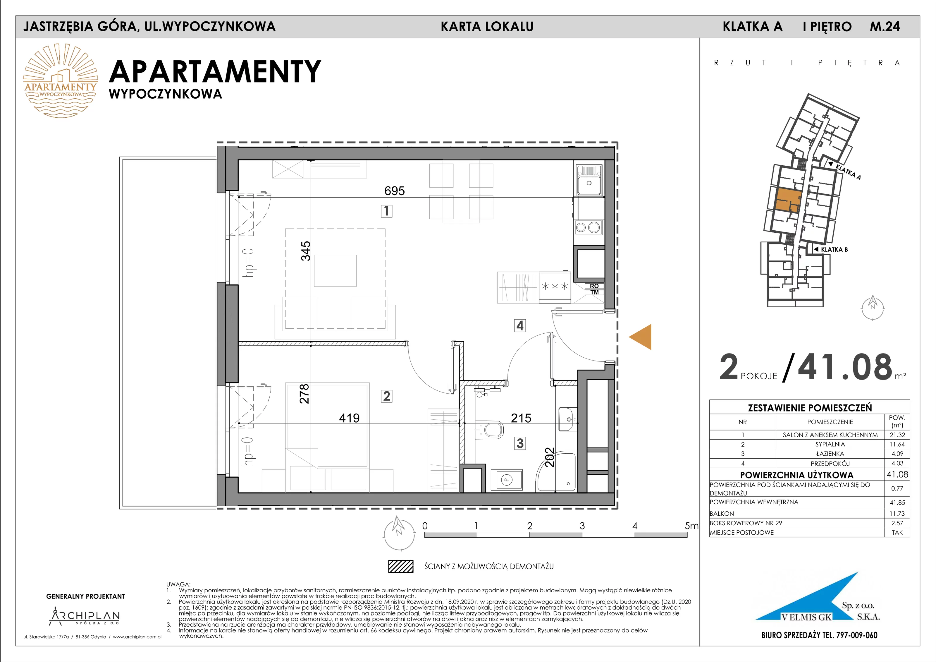 2 pokoje, apartament 41,08 m², piętro 1, oferta nr 1.24 + boks rowerowy, Apartamenty Wypoczynkowa, Jastrzębia Góra, ul. Wypoczynkowa