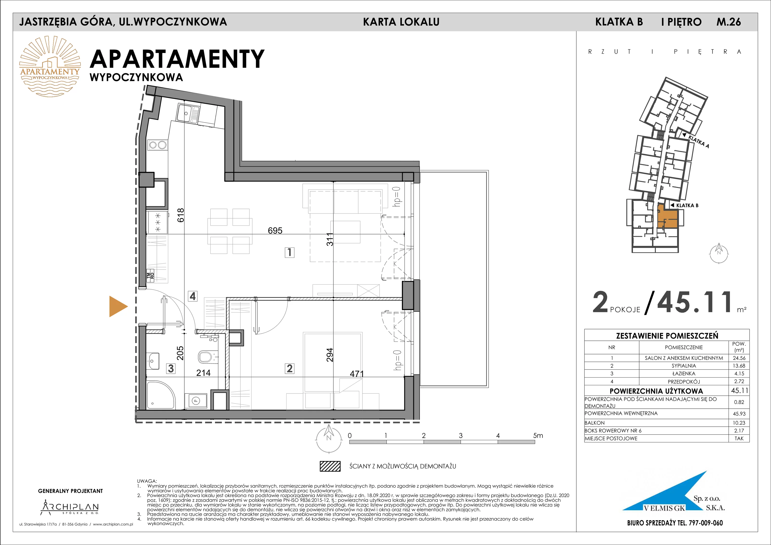2 pokoje, apartament 45,11 m², piętro 1, oferta nr 1.26 + boks rowerowy, Apartamenty Wypoczynkowa, Jastrzębia Góra, ul. Wypoczynkowa