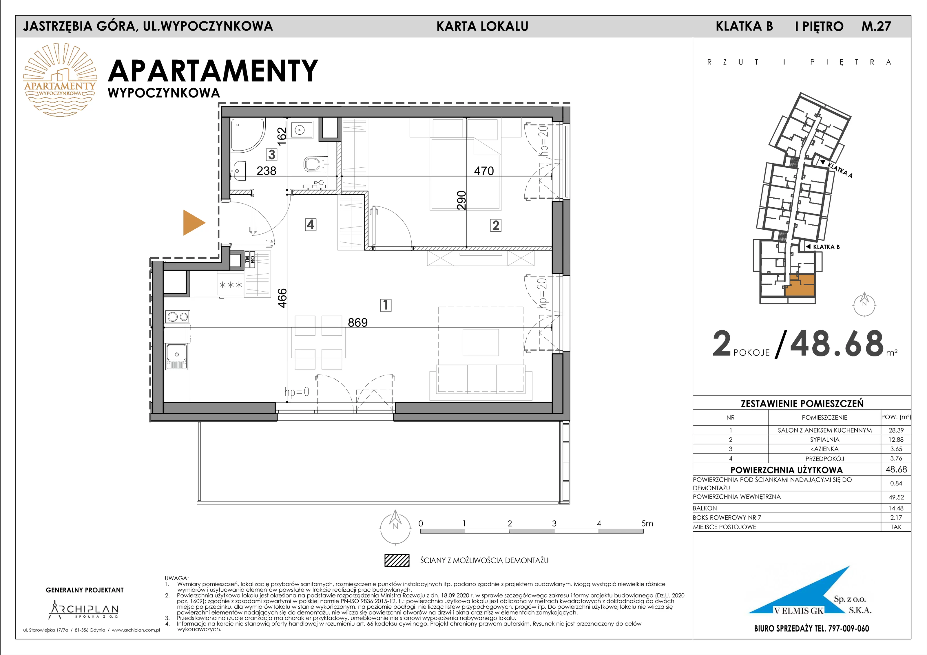 2 pokoje, apartament 48,68 m², piętro 1, oferta nr 1.27 + boks rowerowy, Apartamenty Wypoczynkowa, Jastrzębia Góra, ul. Wypoczynkowa