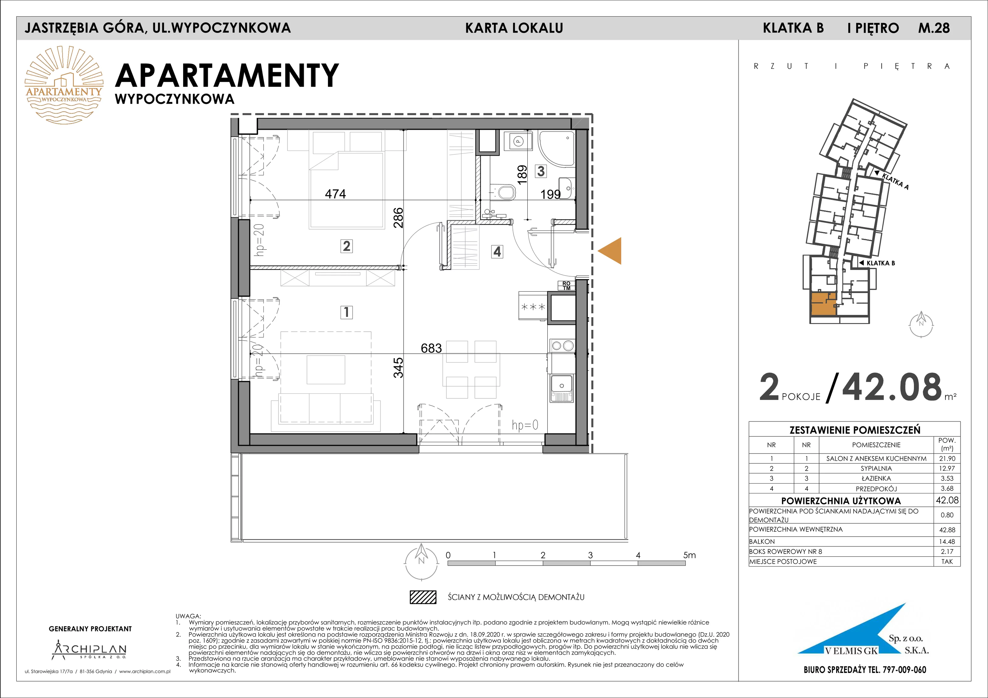 2 pokoje, apartament 42,08 m², piętro 1, oferta nr 1.28 + boks rowerowy, Apartamenty Wypoczynkowa, Jastrzębia Góra, ul. Wypoczynkowa
