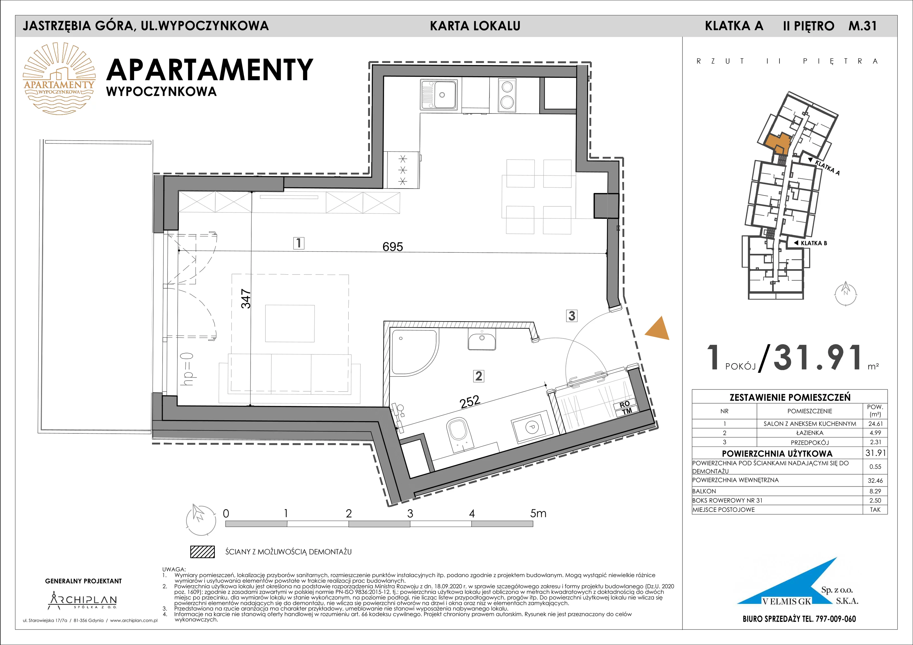 1 pokój, apartament 31,91 m², piętro 2, oferta nr 2.31 + boks rowerowy, Apartamenty Wypoczynkowa, Jastrzębia Góra, ul. Wypoczynkowa