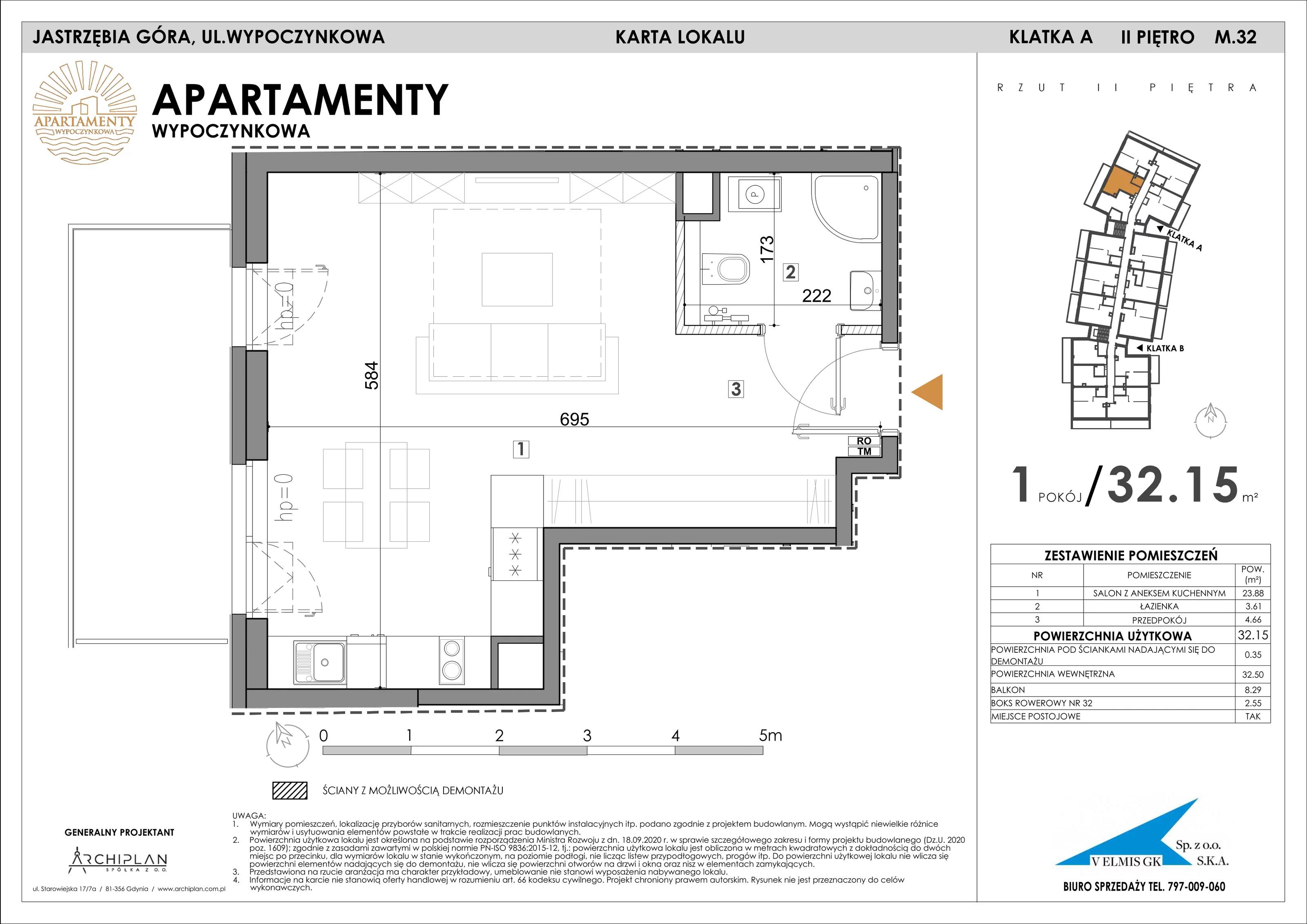 1 pokój, apartament 32,15 m², piętro 2, oferta nr 2.32 + boks rowerowy, Apartamenty Wypoczynkowa, Jastrzębia Góra, ul. Wypoczynkowa