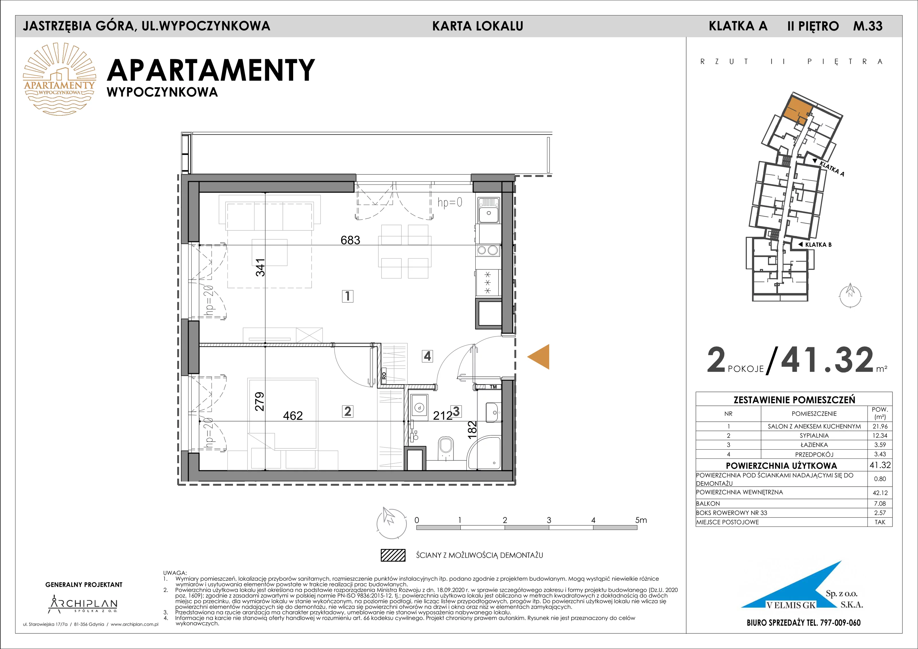 2 pokoje, apartament 41,32 m², piętro 2, oferta nr 2.33 + boks rowerowy, Apartamenty Wypoczynkowa, Jastrzębia Góra, ul. Wypoczynkowa
