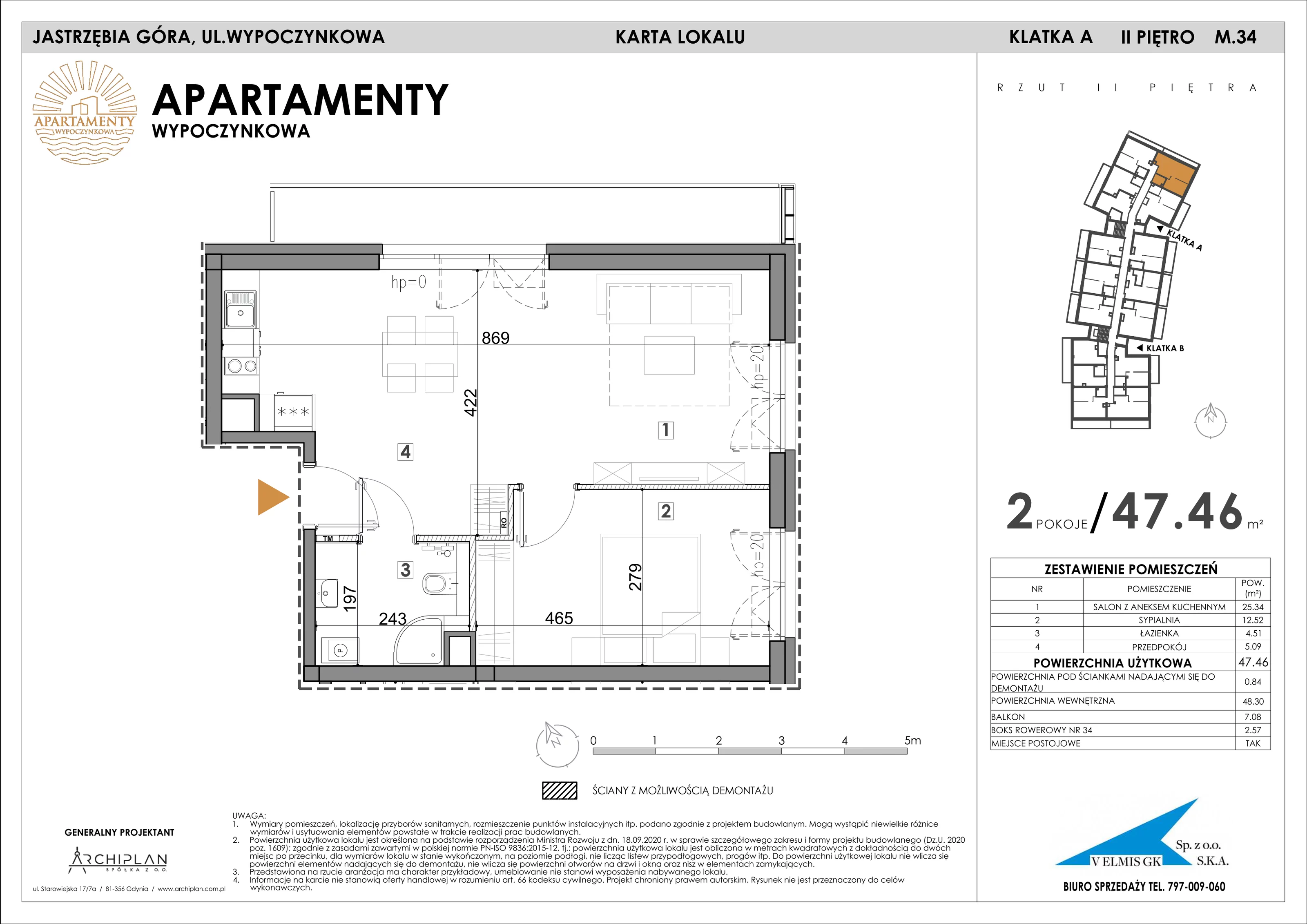 2 pokoje, apartament 47,46 m², piętro 2, oferta nr 2.34 + boks rowerowy, Apartamenty Wypoczynkowa, Jastrzębia Góra, ul. Wypoczynkowa