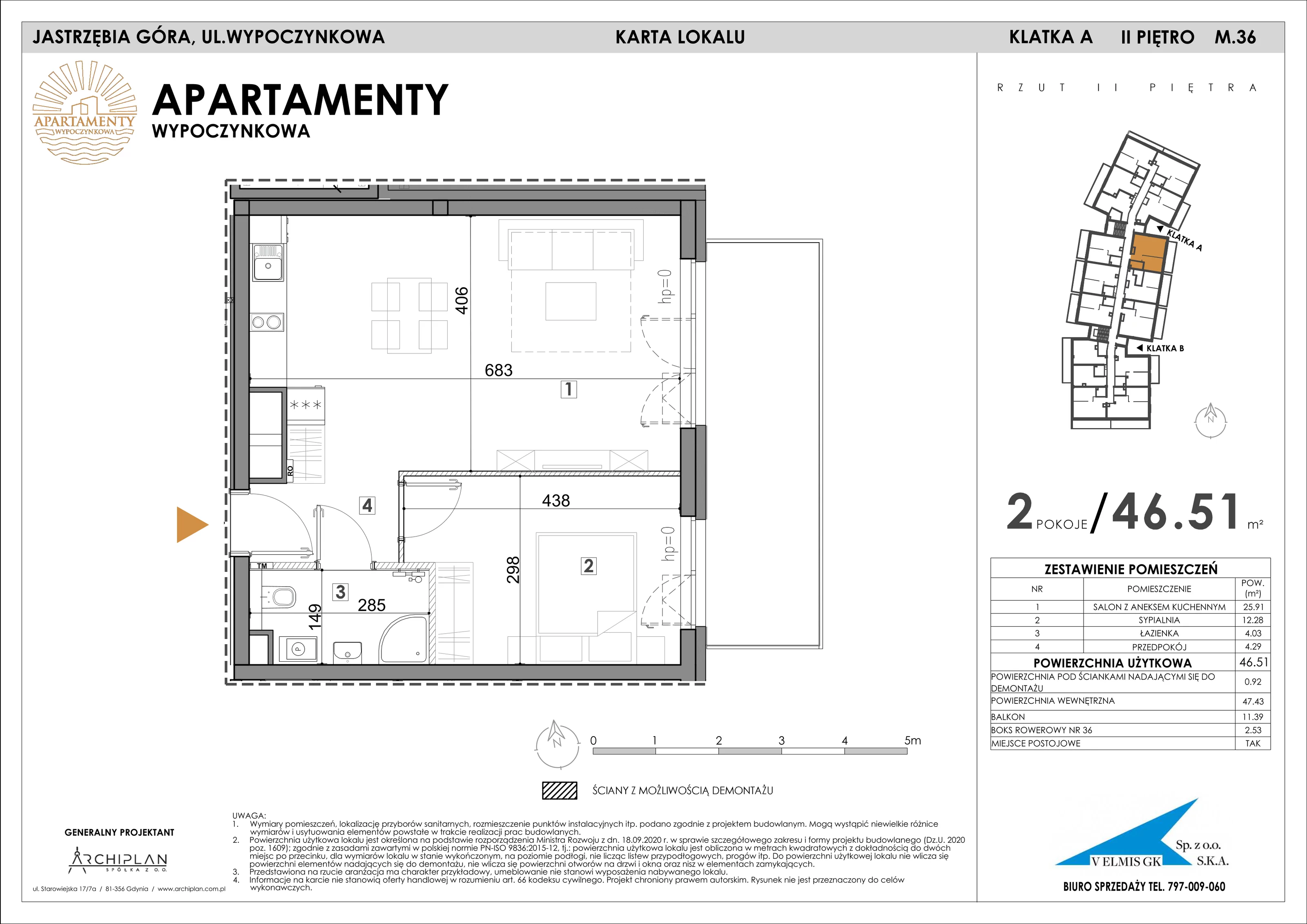 2 pokoje, apartament 46,51 m², piętro 2, oferta nr 2.36 + boks rowerowy, Apartamenty Wypoczynkowa, Jastrzębia Góra, ul. Wypoczynkowa