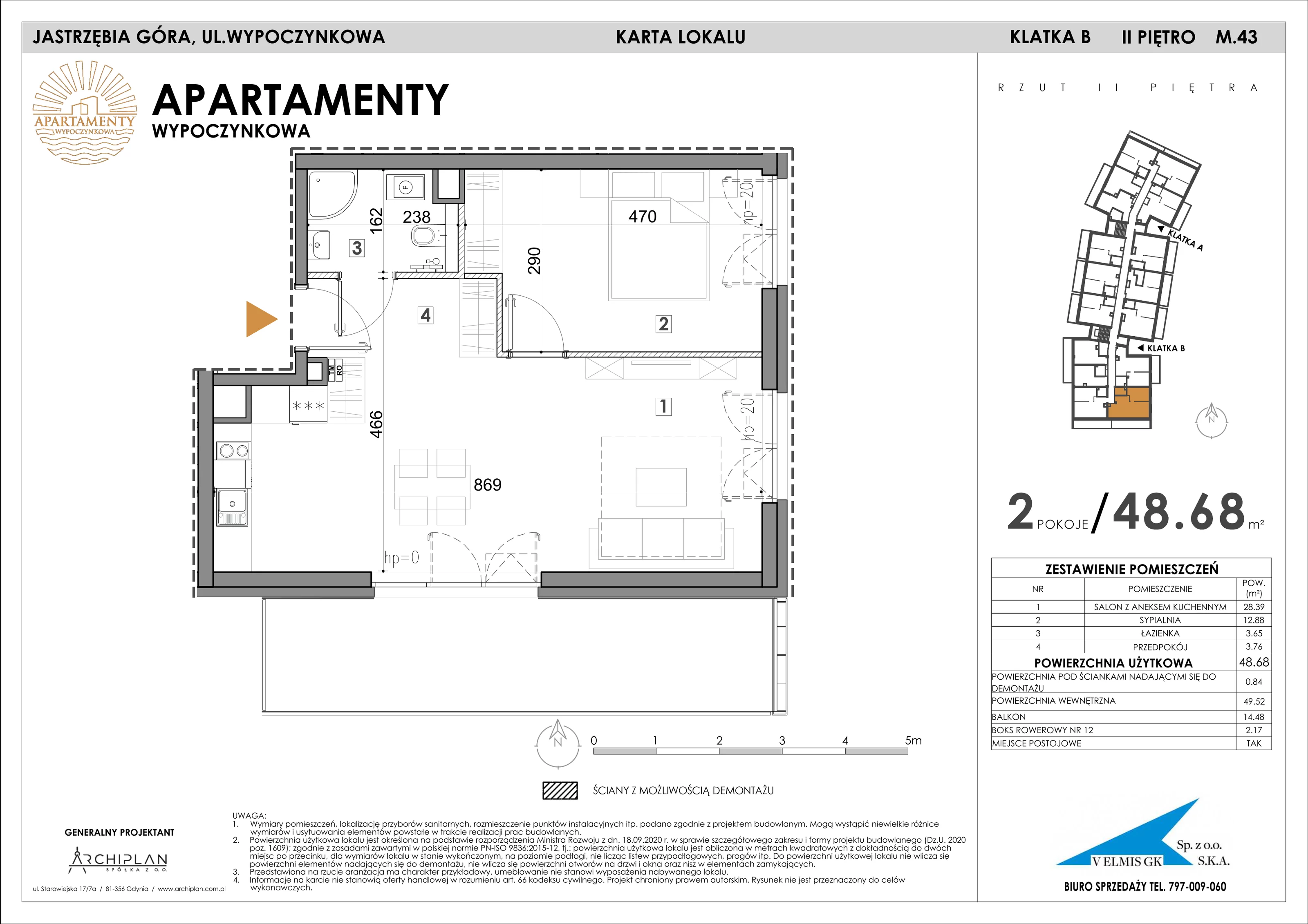 2 pokoje, apartament 48,68 m², piętro 2, oferta nr 2.43 + boks rowerowy, Apartamenty Wypoczynkowa, Jastrzębia Góra, ul. Wypoczynkowa