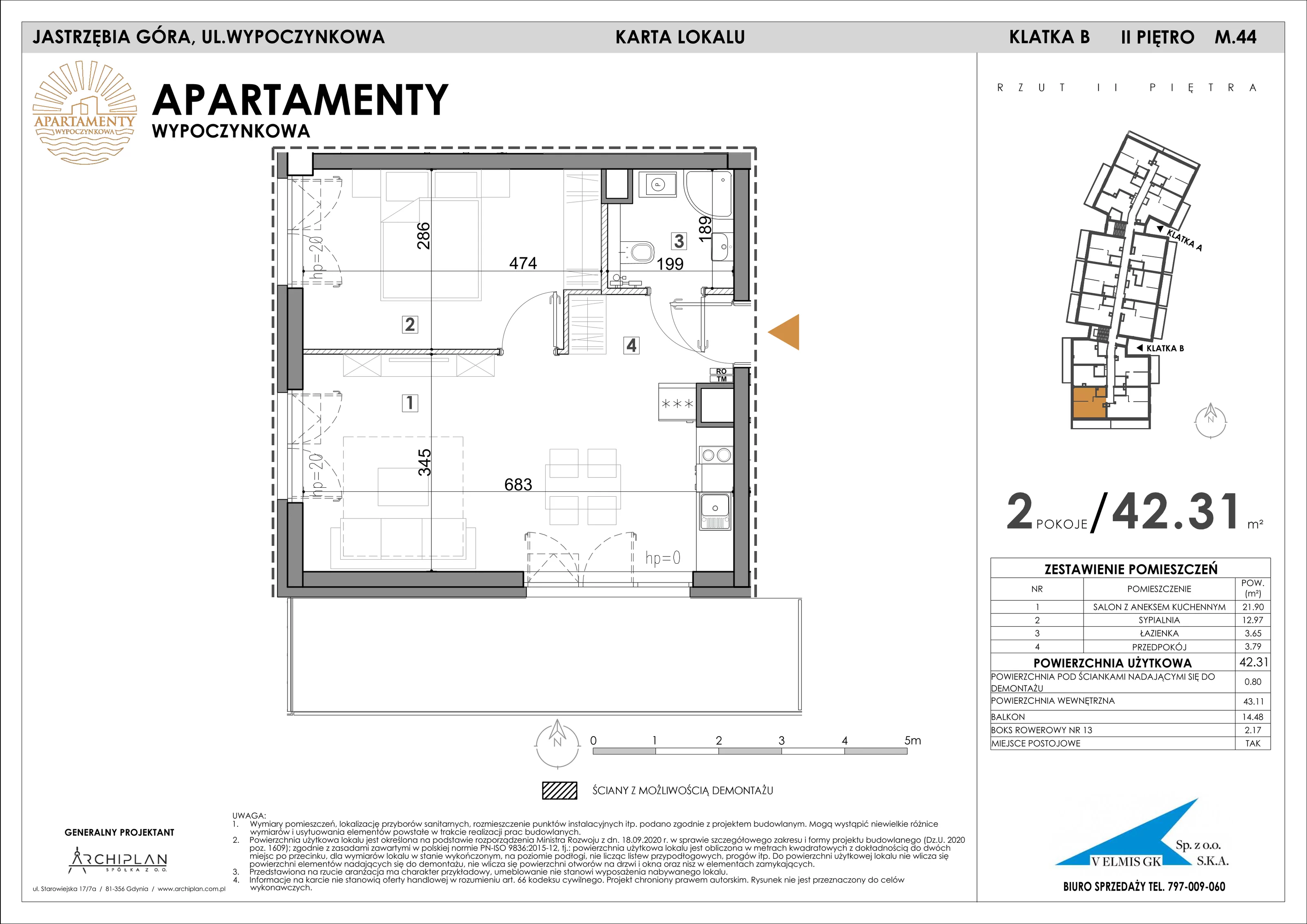 2 pokoje, apartament 42,31 m², piętro 2, oferta nr 2.44 + boks rowerowy, Apartamenty Wypoczynkowa, Jastrzębia Góra, ul. Wypoczynkowa