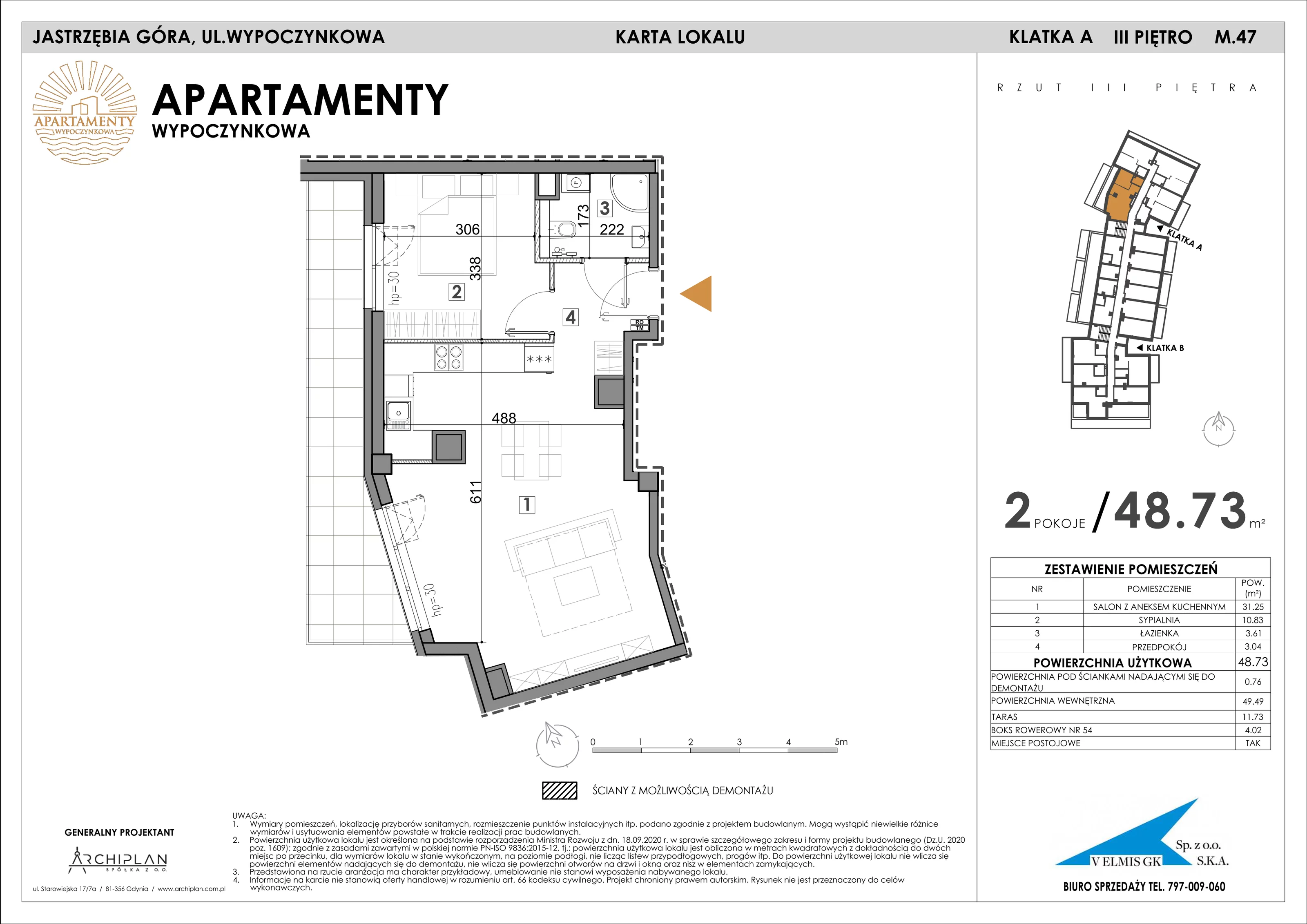 2 pokoje, apartament 48,73 m², piętro 3, oferta nr 3.47 + boks rowerowy, Apartamenty Wypoczynkowa, Jastrzębia Góra, ul. Wypoczynkowa
