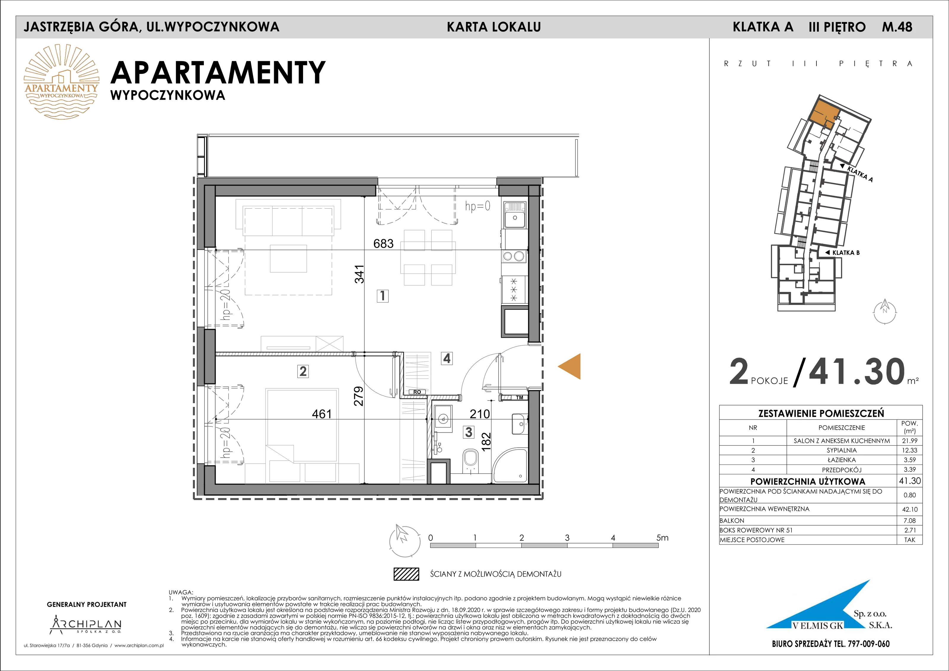 2 pokoje, apartament 41,30 m², piętro 3, oferta nr 3.48 + boks rowerowy, Apartamenty Wypoczynkowa, Jastrzębia Góra, ul. Wypoczynkowa