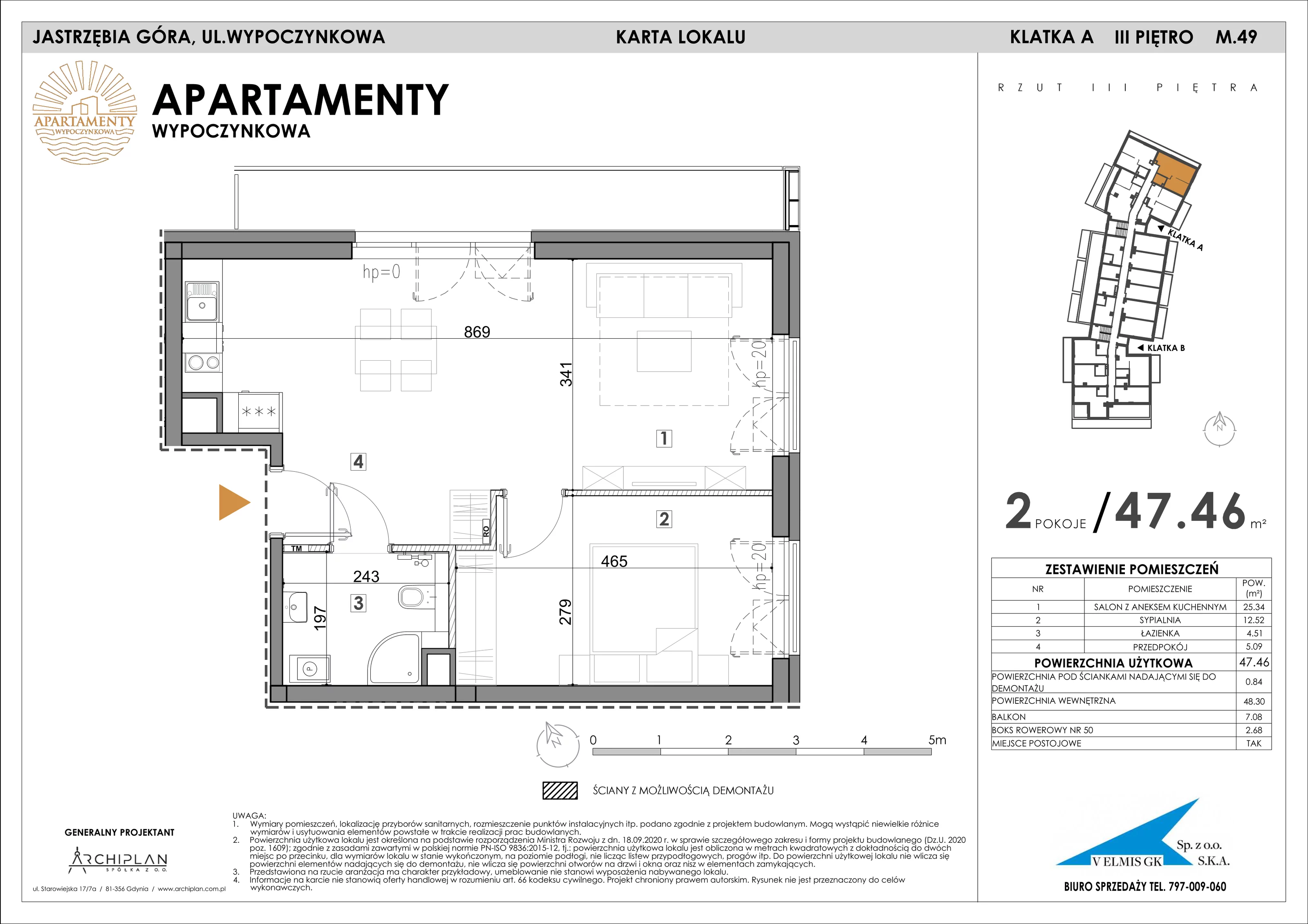 2 pokoje, apartament 47,46 m², piętro 3, oferta nr 3.49 + boks rowerowy, Apartamenty Wypoczynkowa, Jastrzębia Góra, ul. Wypoczynkowa