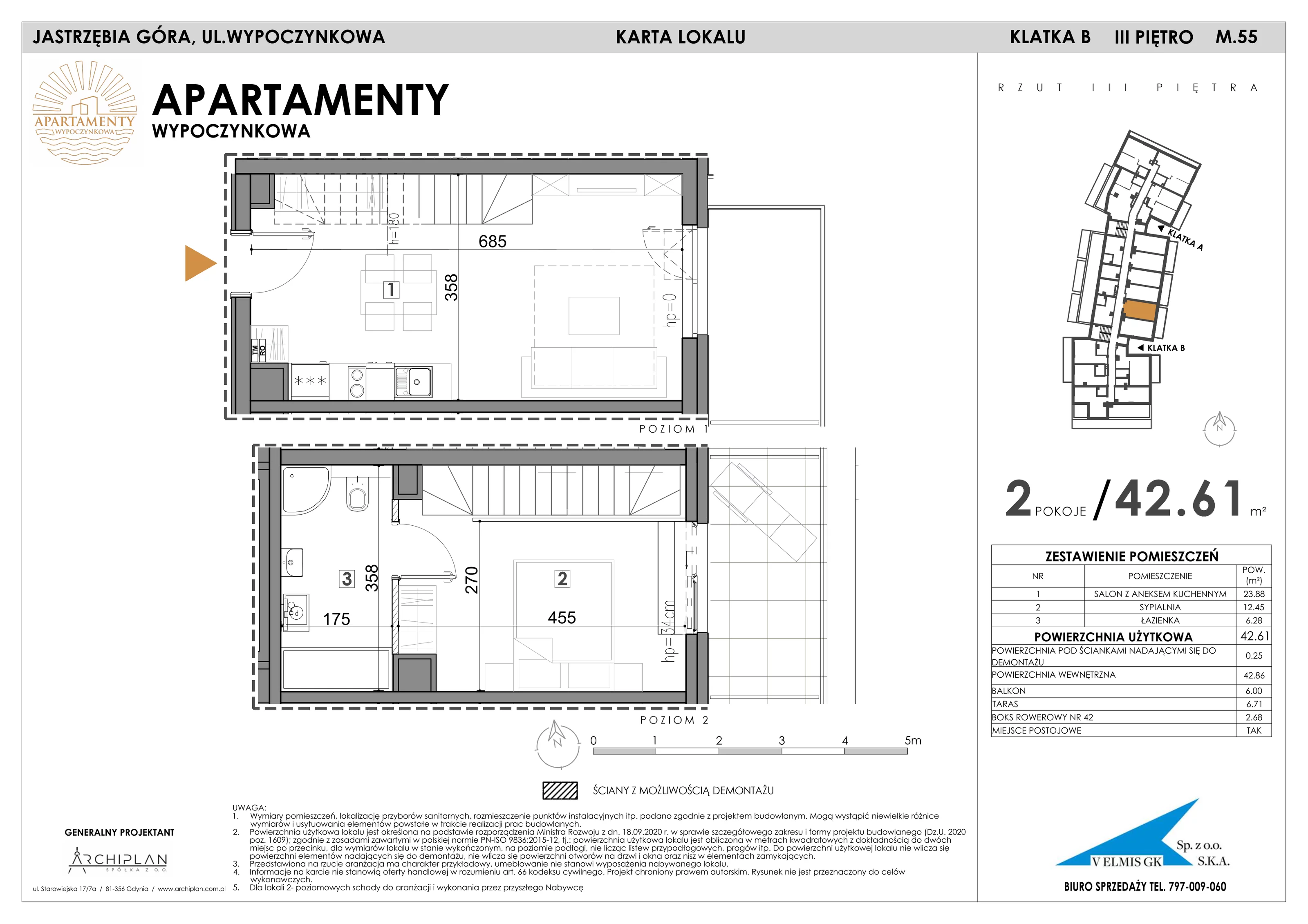2 pokoje, apartament 42,61 m², piętro 3, oferta nr 3.55 + boks rowerowy, Apartamenty Wypoczynkowa, Jastrzębia Góra, ul. Wypoczynkowa