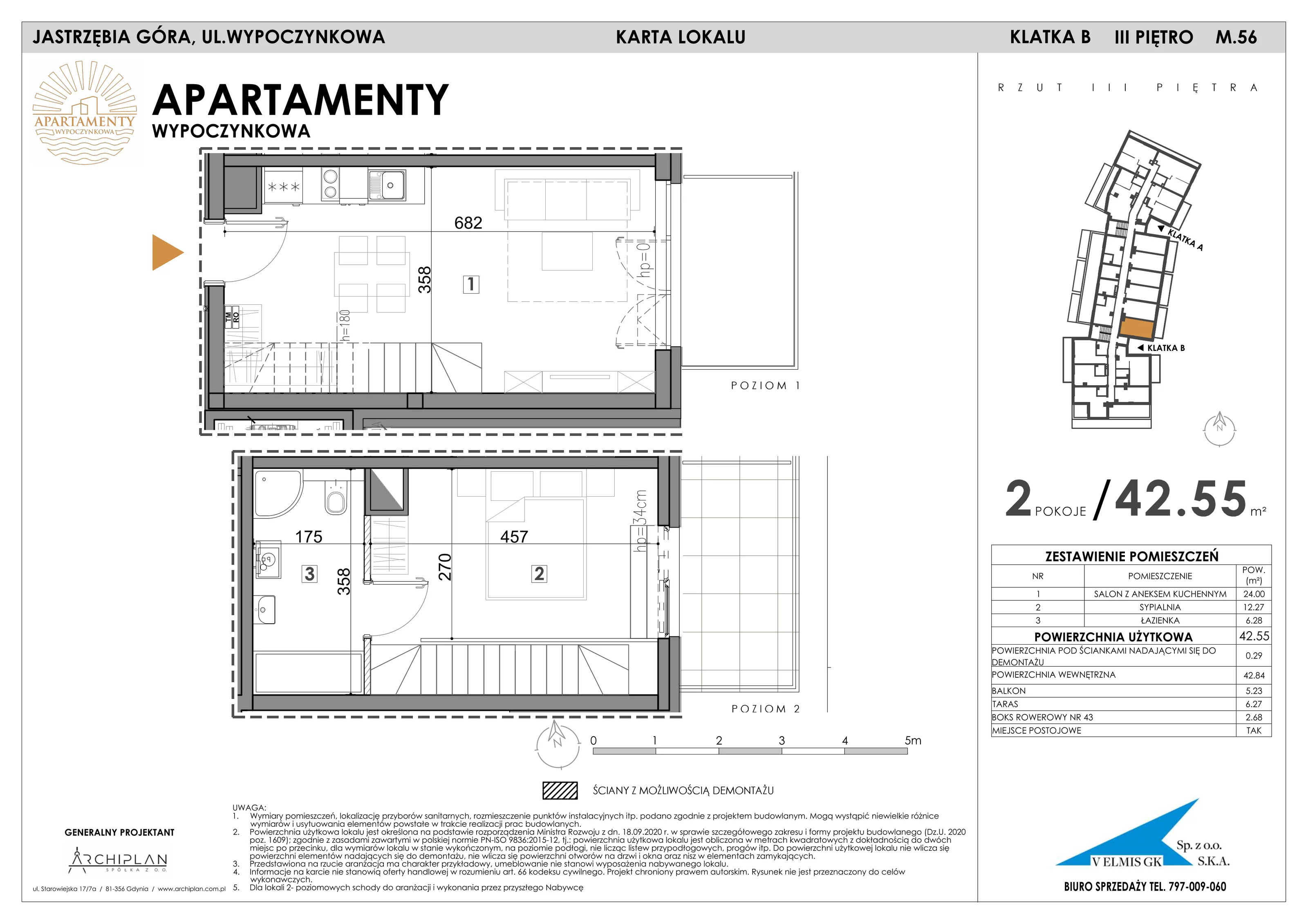 2 pokoje, apartament 42,55 m², piętro 3, oferta nr 3.56 + boks rowerowy, Apartamenty Wypoczynkowa, Jastrzębia Góra, ul. Wypoczynkowa