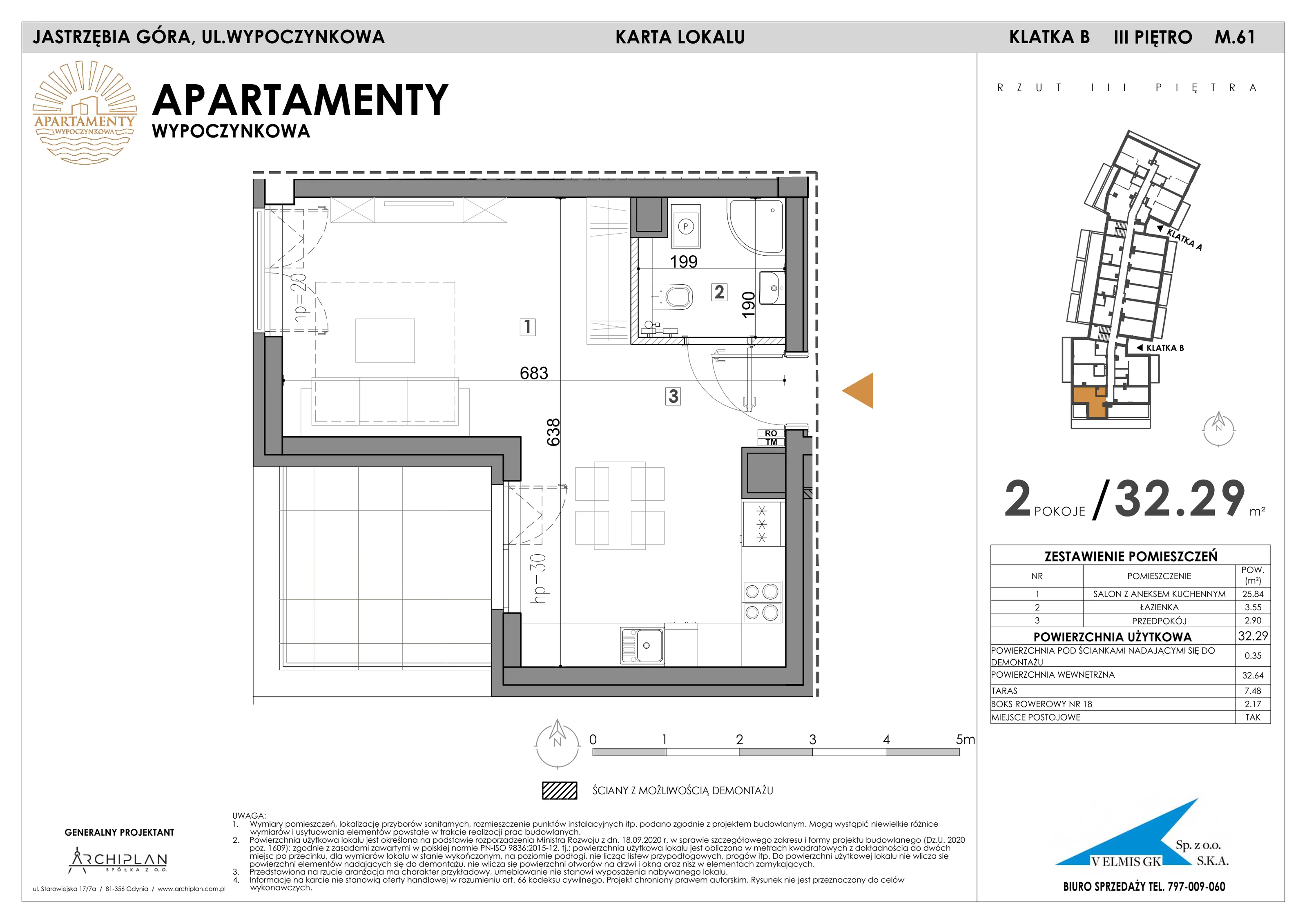 1 pokój, apartament 32,29 m², piętro 3, oferta nr 3.61 + boks rowerowy, Apartamenty Wypoczynkowa, Jastrzębia Góra, ul. Wypoczynkowa