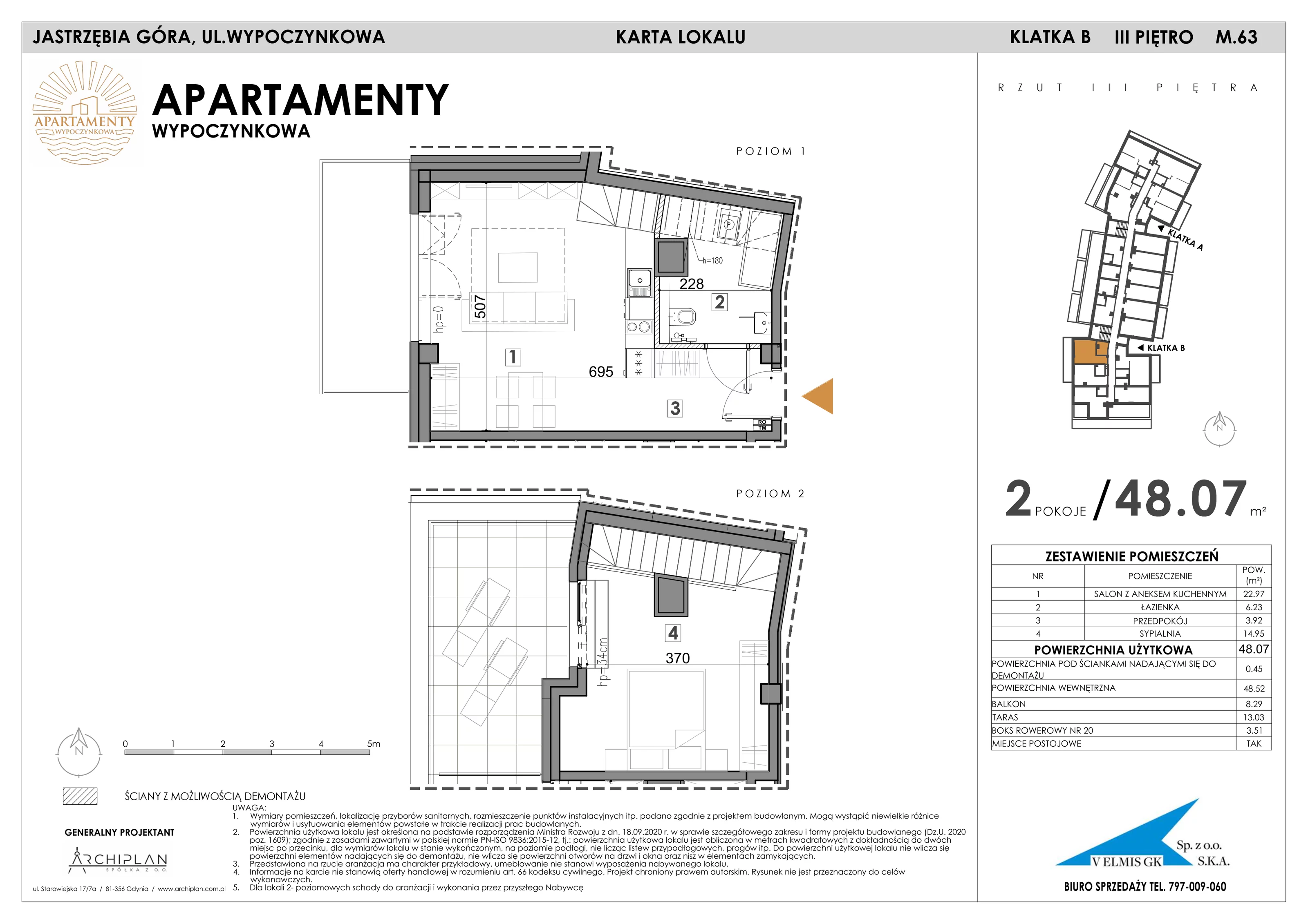 2 pokoje, apartament 48,07 m², piętro 3, oferta nr 3.63 + boks rowerowy, Apartamenty Wypoczynkowa, Jastrzębia Góra, ul. Wypoczynkowa