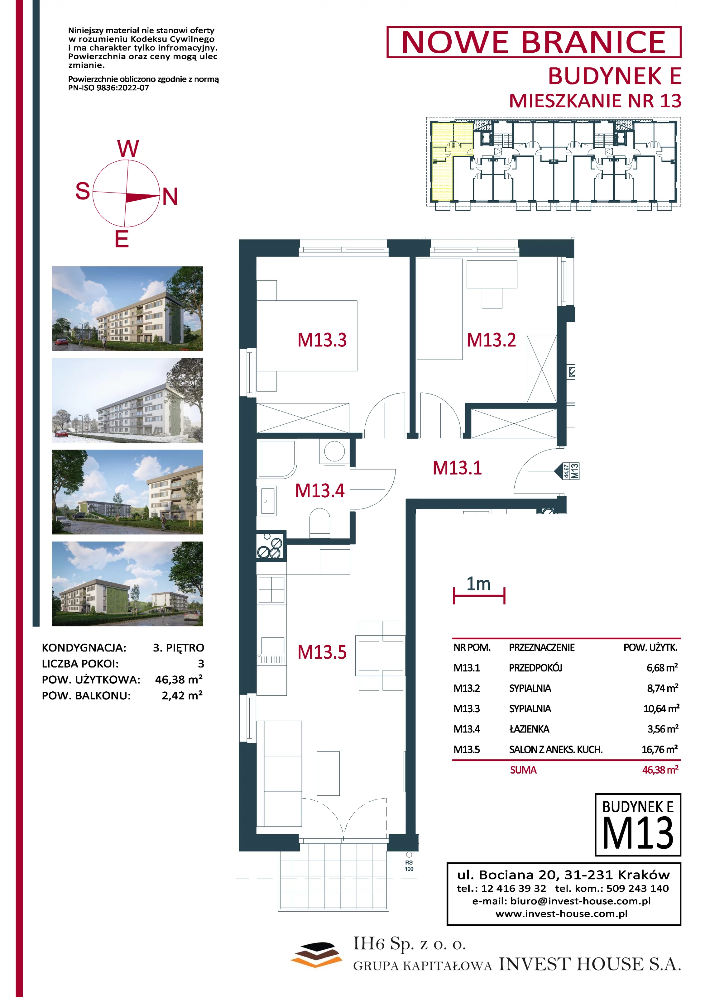 Mieszkanie 46,38 m², piętro 3, oferta nr M13, Nowe Branice – Etap I, Kraków, Nowa Huta, Branice, ul. Szymańskiego