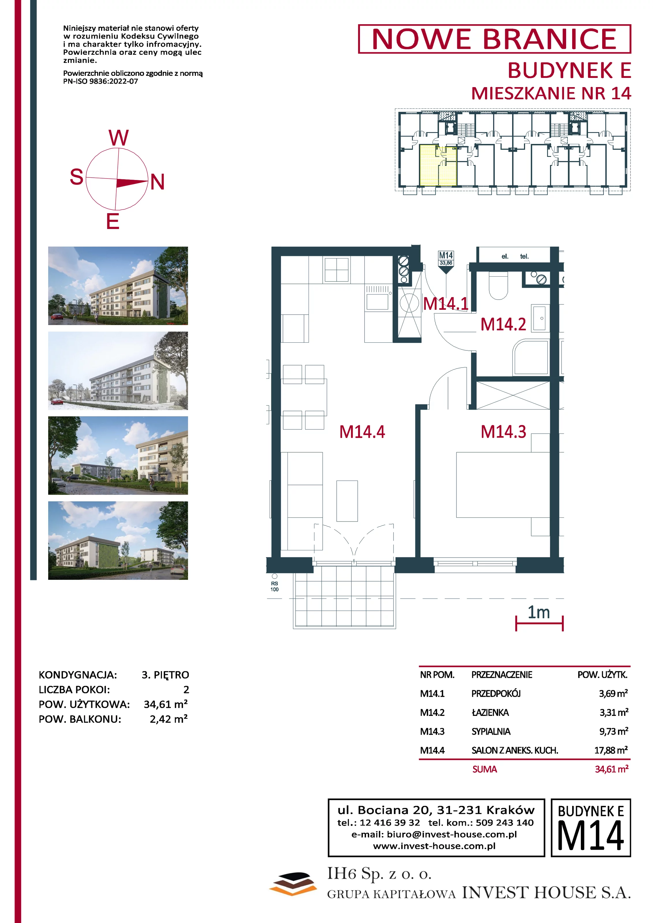 Mieszkanie 34,61 m², piętro 3, oferta nr M14, Nowe Branice – Etap I, Kraków, Nowa Huta, Branice, ul. Szymańskiego