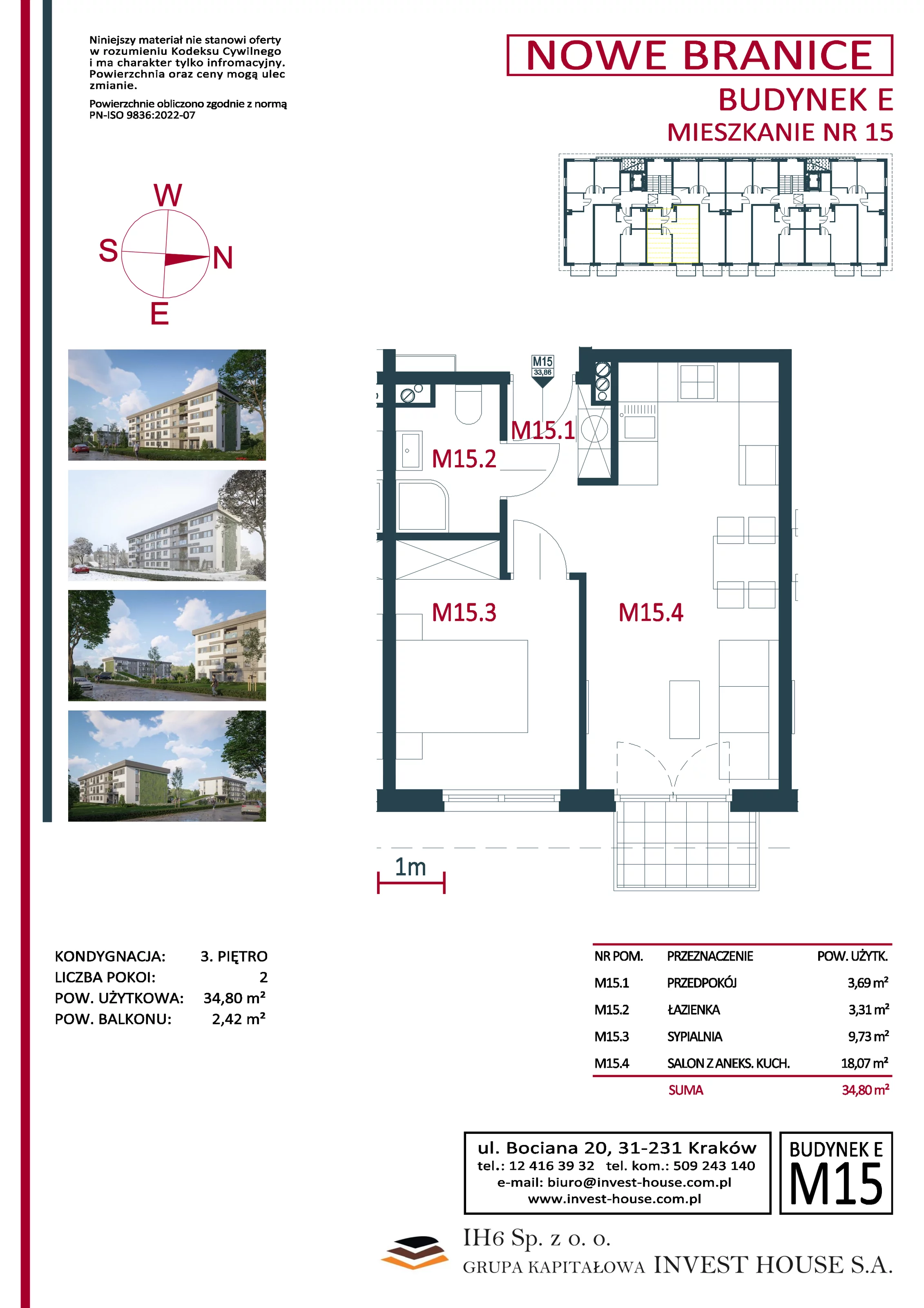 Mieszkanie 34,80 m², piętro 3, oferta nr M15, Nowe Branice – Etap I, Kraków, Nowa Huta, Branice, ul. Szymańskiego