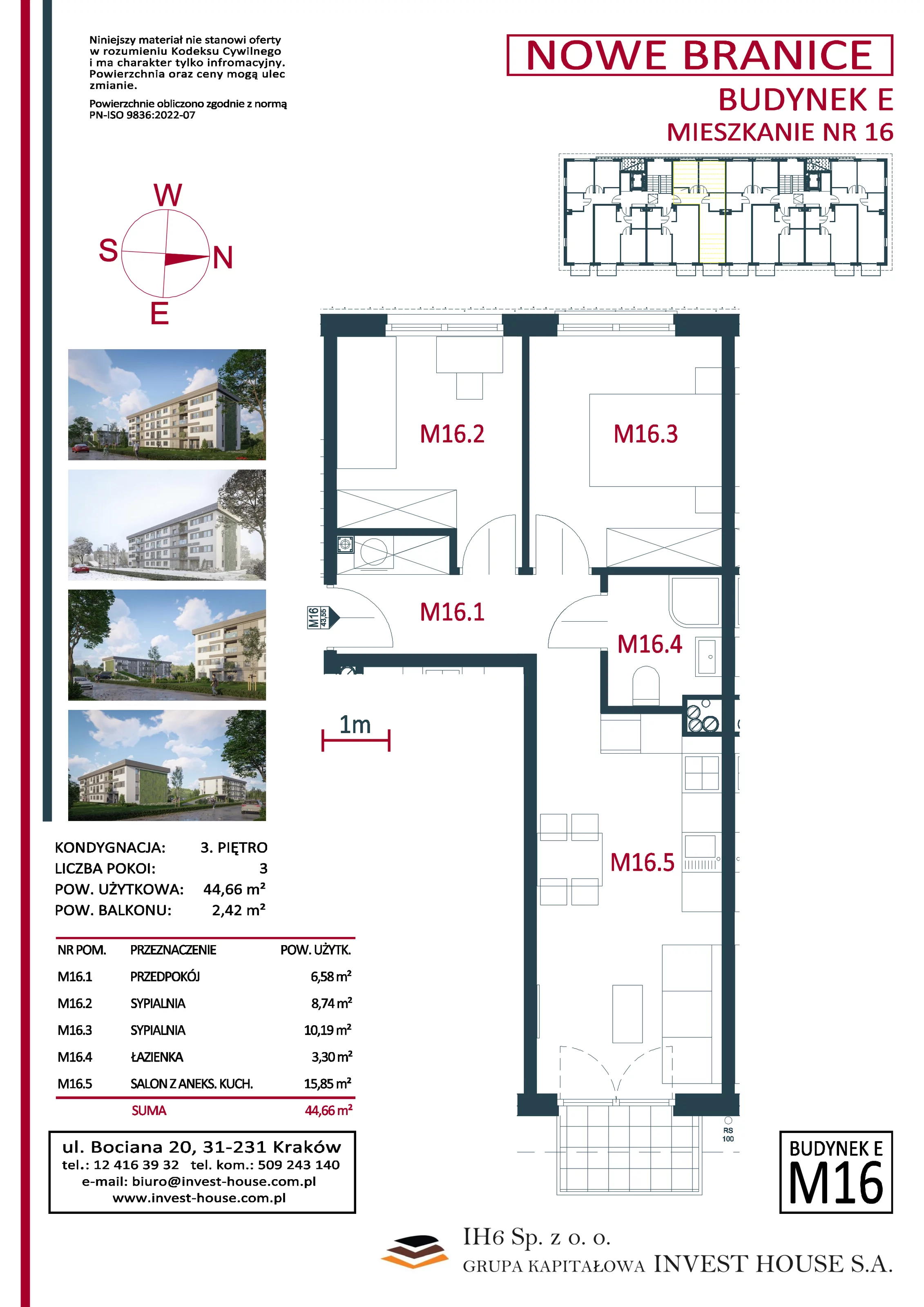 Mieszkanie 44,66 m², piętro 3, oferta nr M16, Nowe Branice – Etap I, Kraków, Nowa Huta, Branice, ul. Szymańskiego