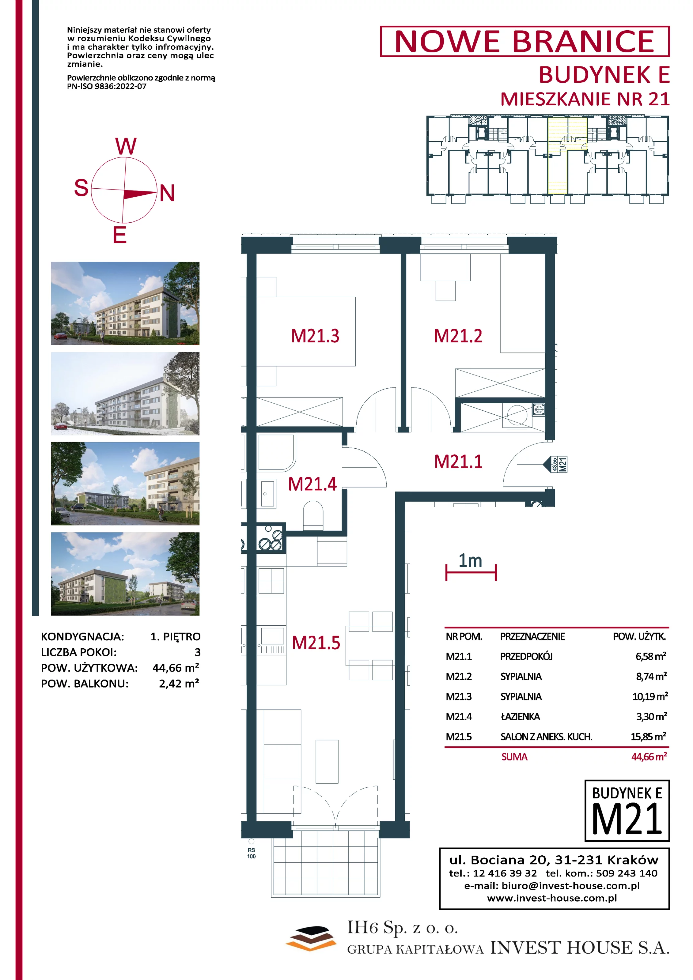 Mieszkanie 44,66 m², piętro 1, oferta nr M21, Nowe Branice – Etap I, Kraków, Nowa Huta, Branice, ul. Szymańskiego