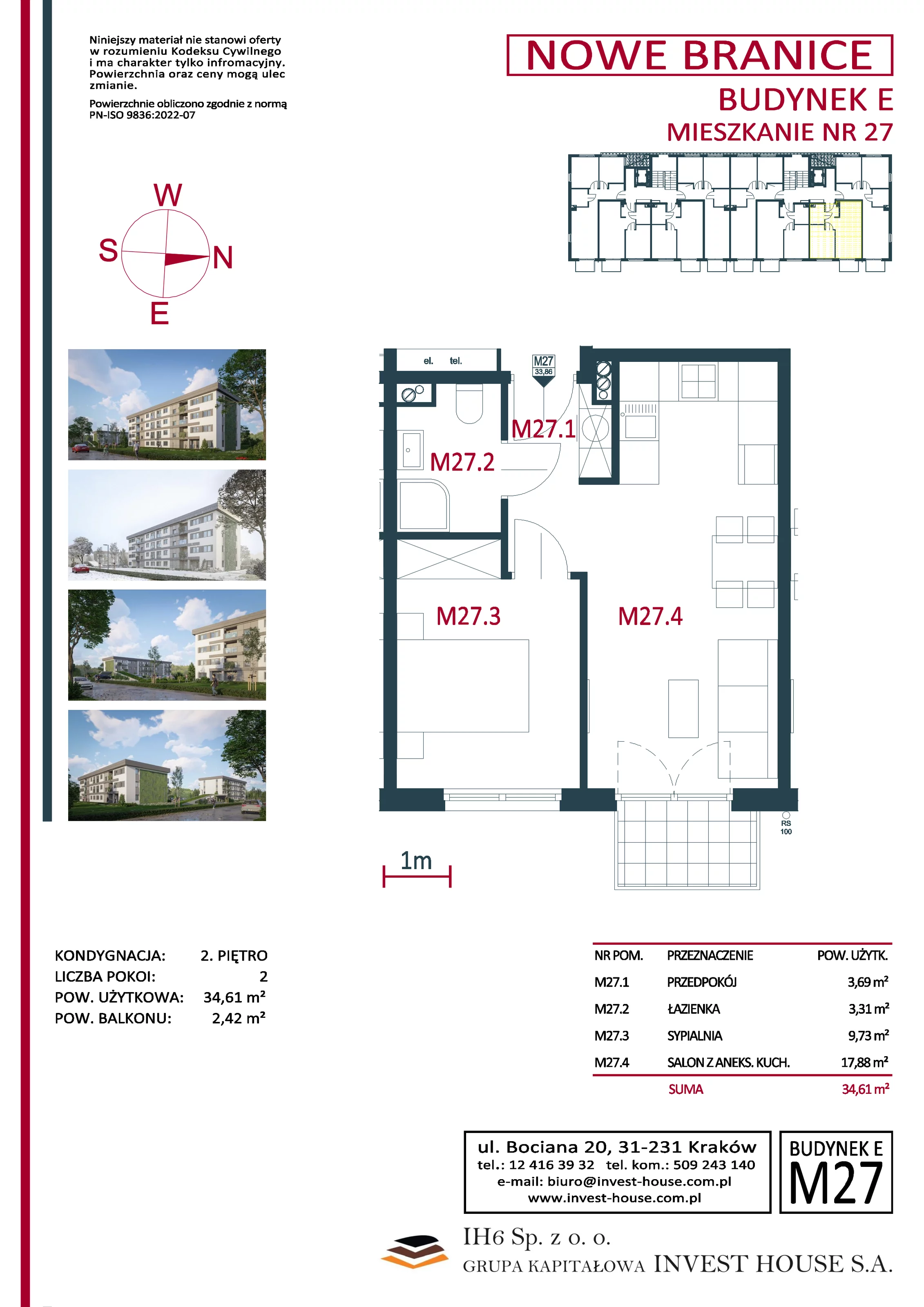 Mieszkanie 34,61 m², piętro 2, oferta nr M27, Nowe Branice – Etap I, Kraków, Nowa Huta, Branice, ul. Szymańskiego