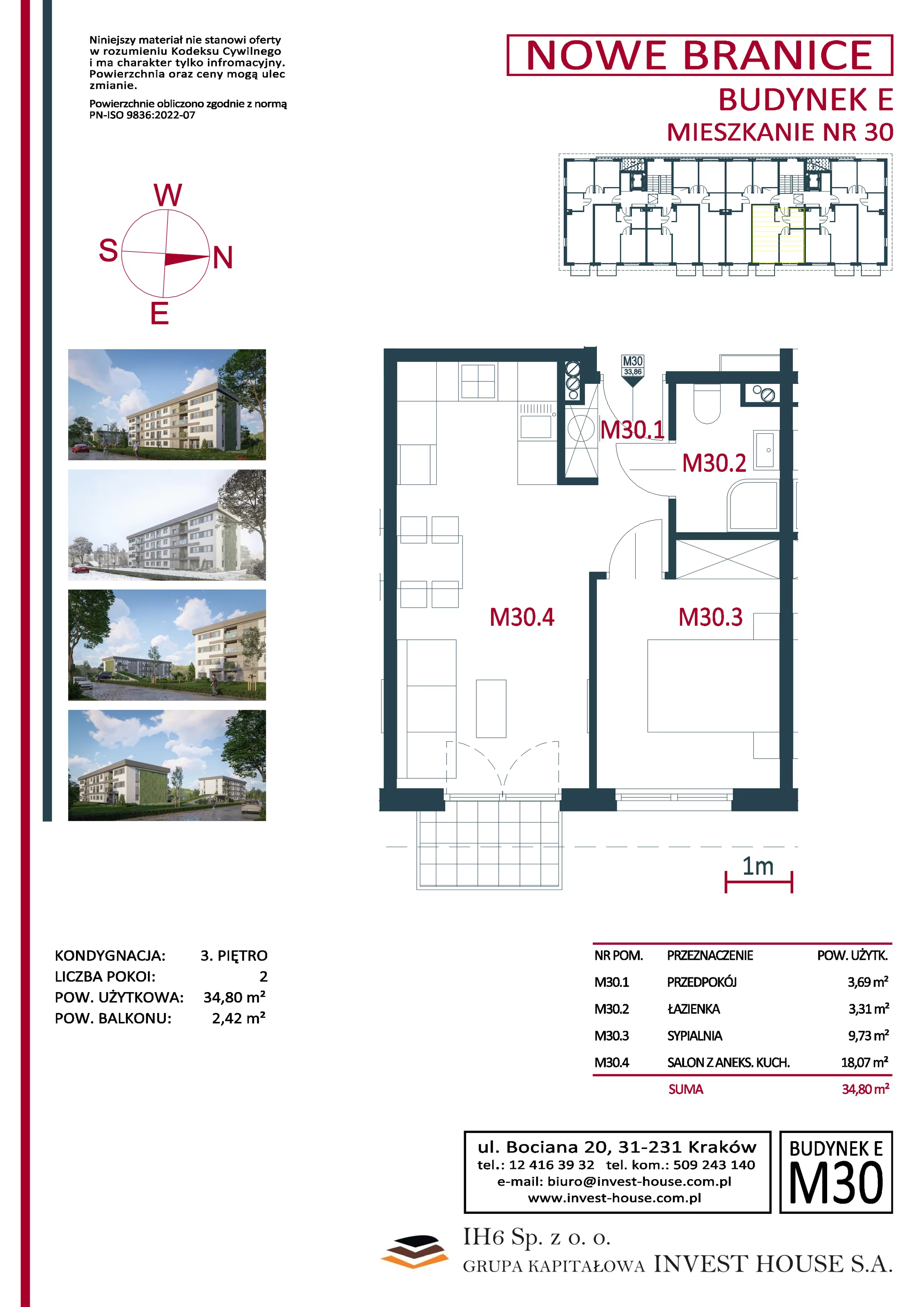 Mieszkanie 34,80 m², piętro 3, oferta nr M30, Nowe Branice – Etap I, Kraków, Nowa Huta, Branice, ul. Szymańskiego