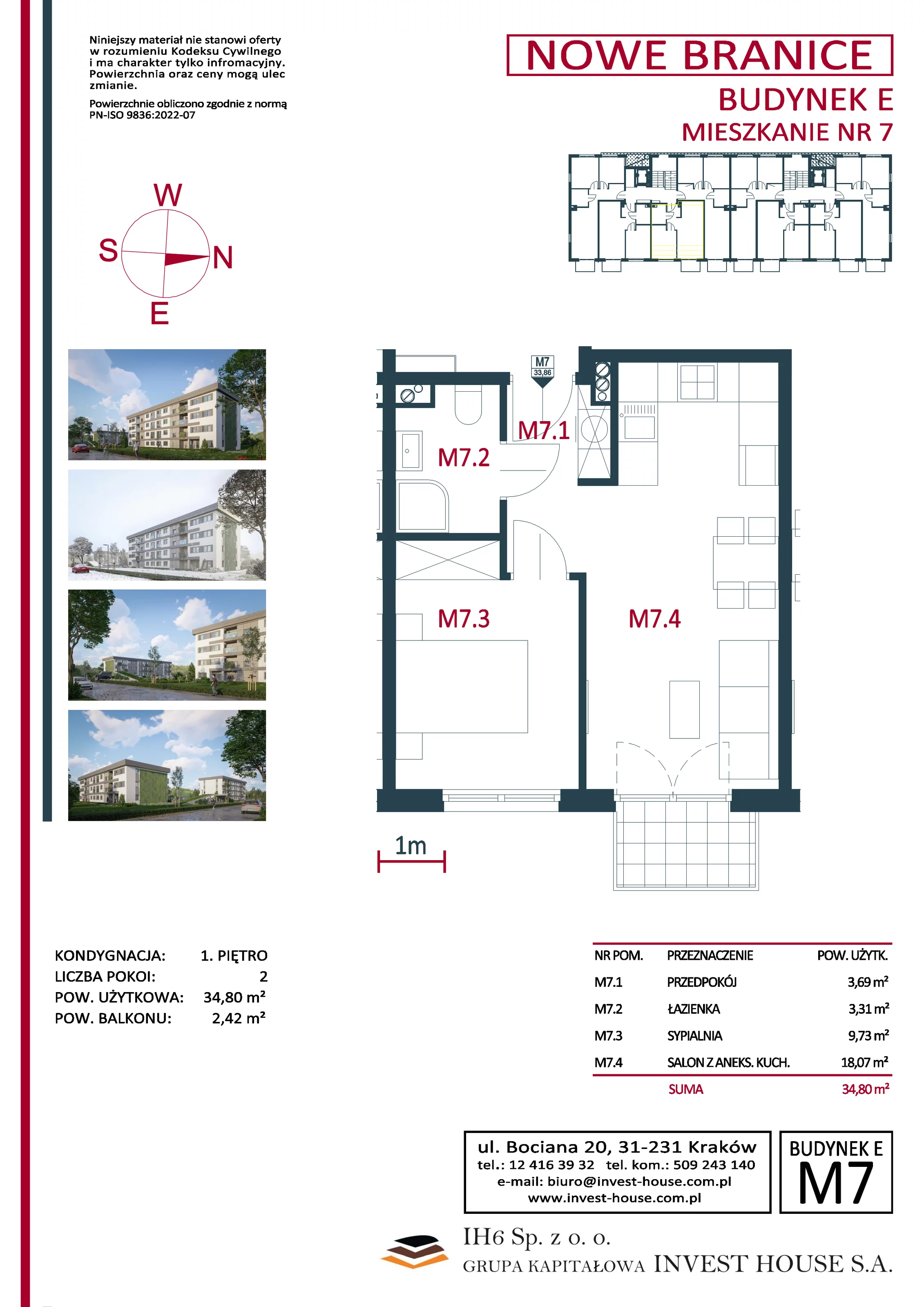 Mieszkanie 34,80 m², piętro 1, oferta nr M7, Nowe Branice – Etap I, Kraków, Nowa Huta, Branice, ul. Szymańskiego