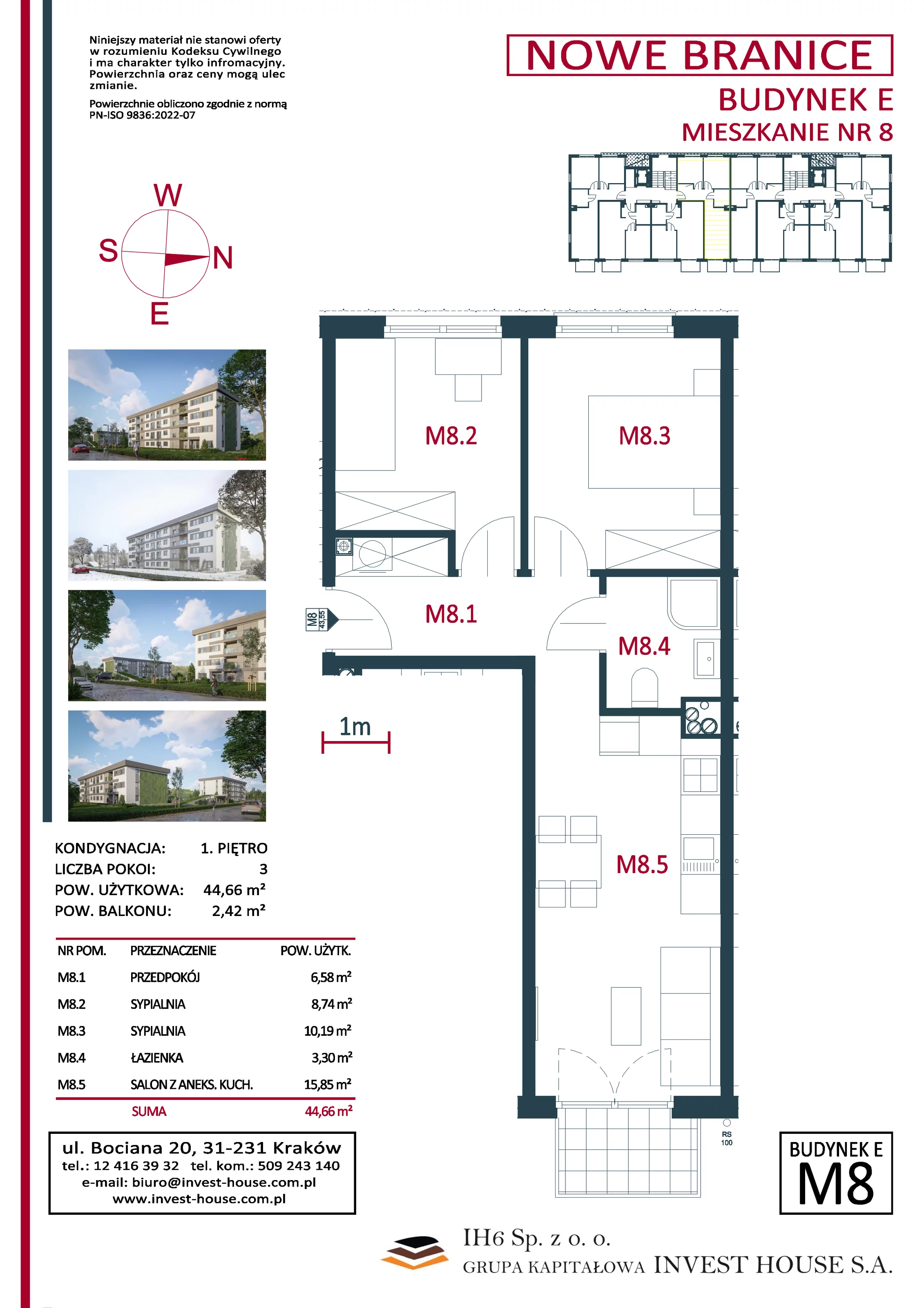 Mieszkanie 44,66 m², piętro 1, oferta nr M8, Nowe Branice – Etap I, Kraków, Nowa Huta, Branice, ul. Szymańskiego
