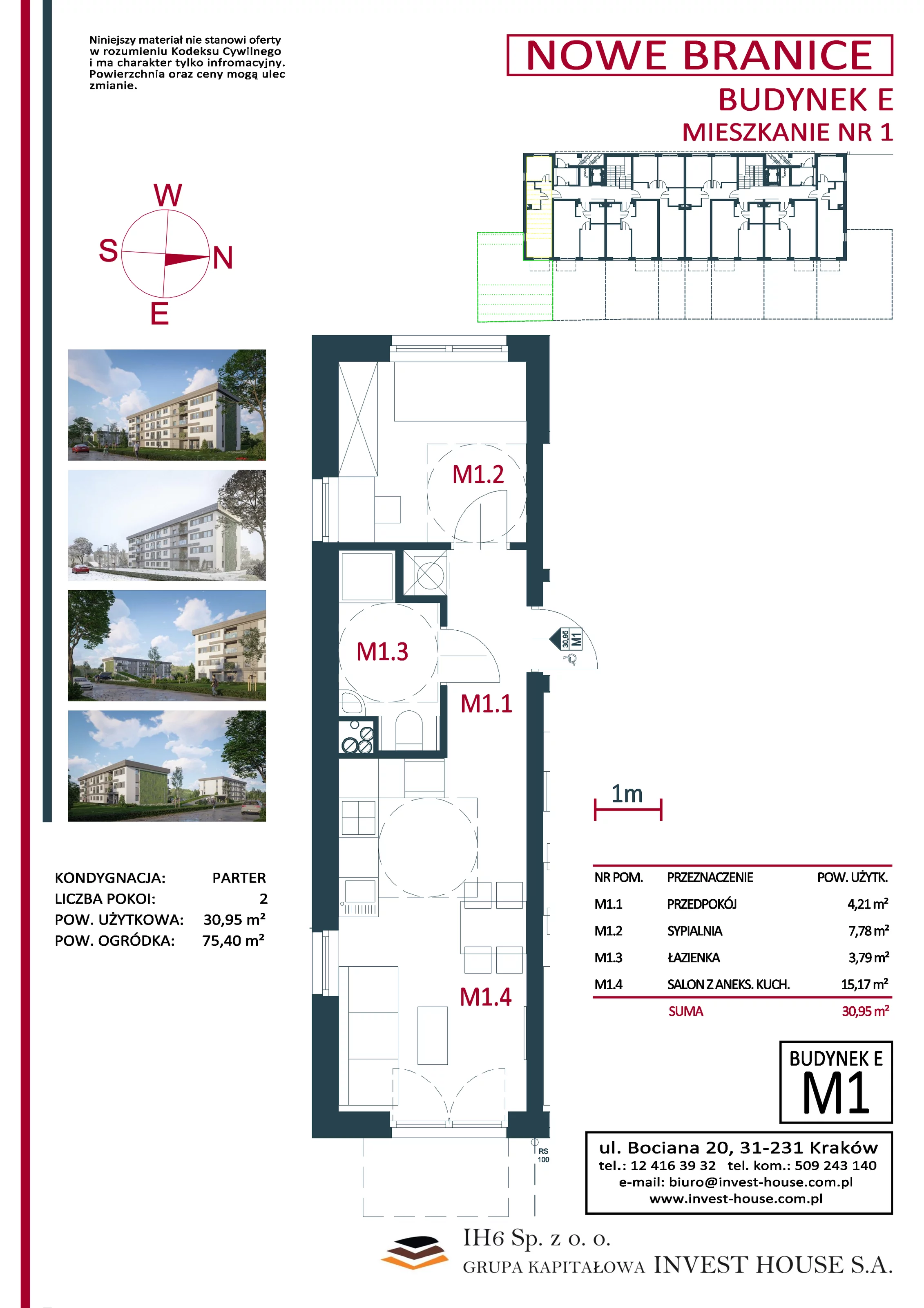 Mieszkanie 30,95 m², parter, oferta nr M1, Nowe Branice – Etap I, Kraków, Nowa Huta, Branice, ul. Szymańskiego