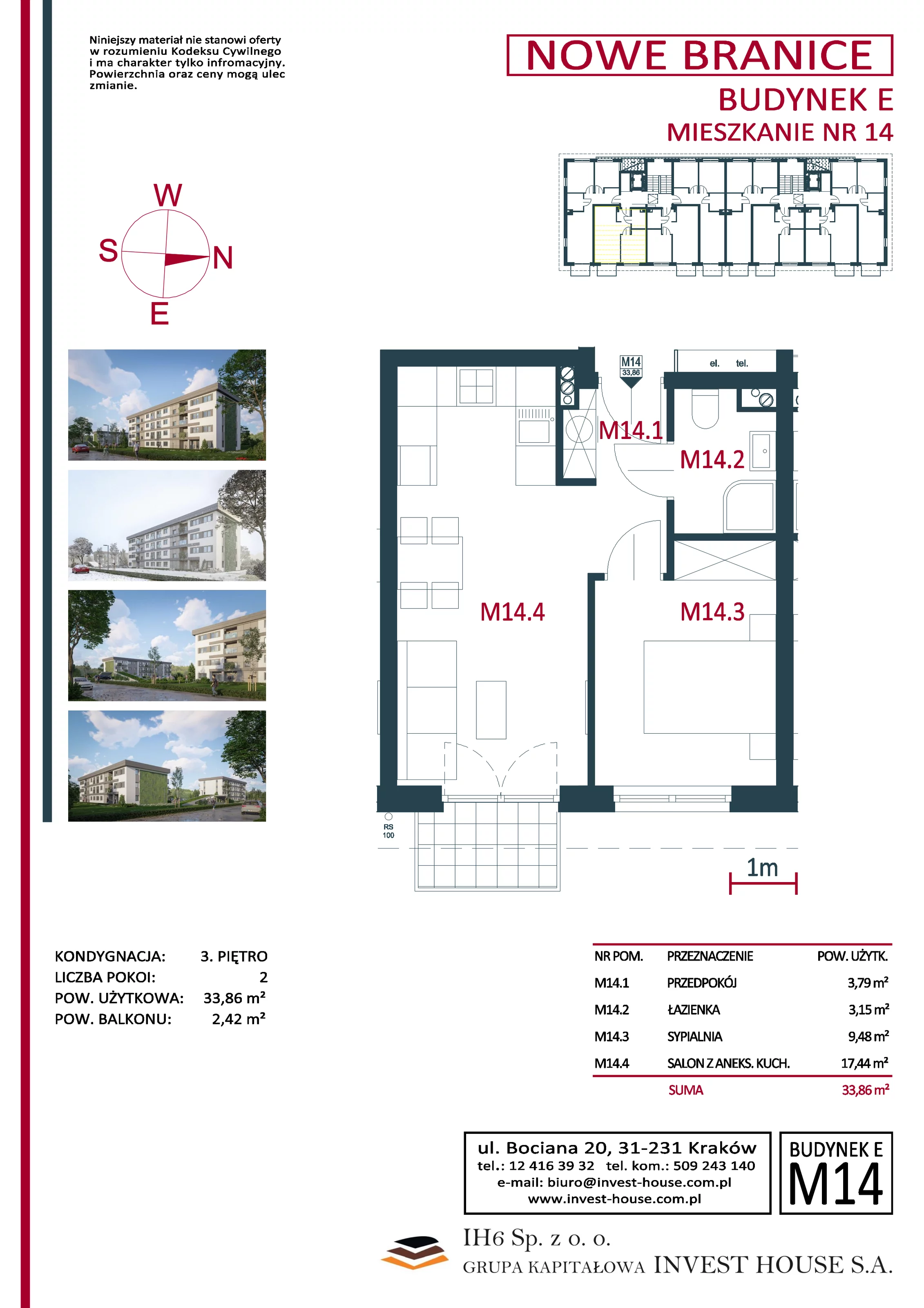 Mieszkanie 33,86 m², piętro 3, oferta nr M14, Nowe Branice – Etap I, Kraków, Nowa Huta, Branice, ul. Szymańskiego