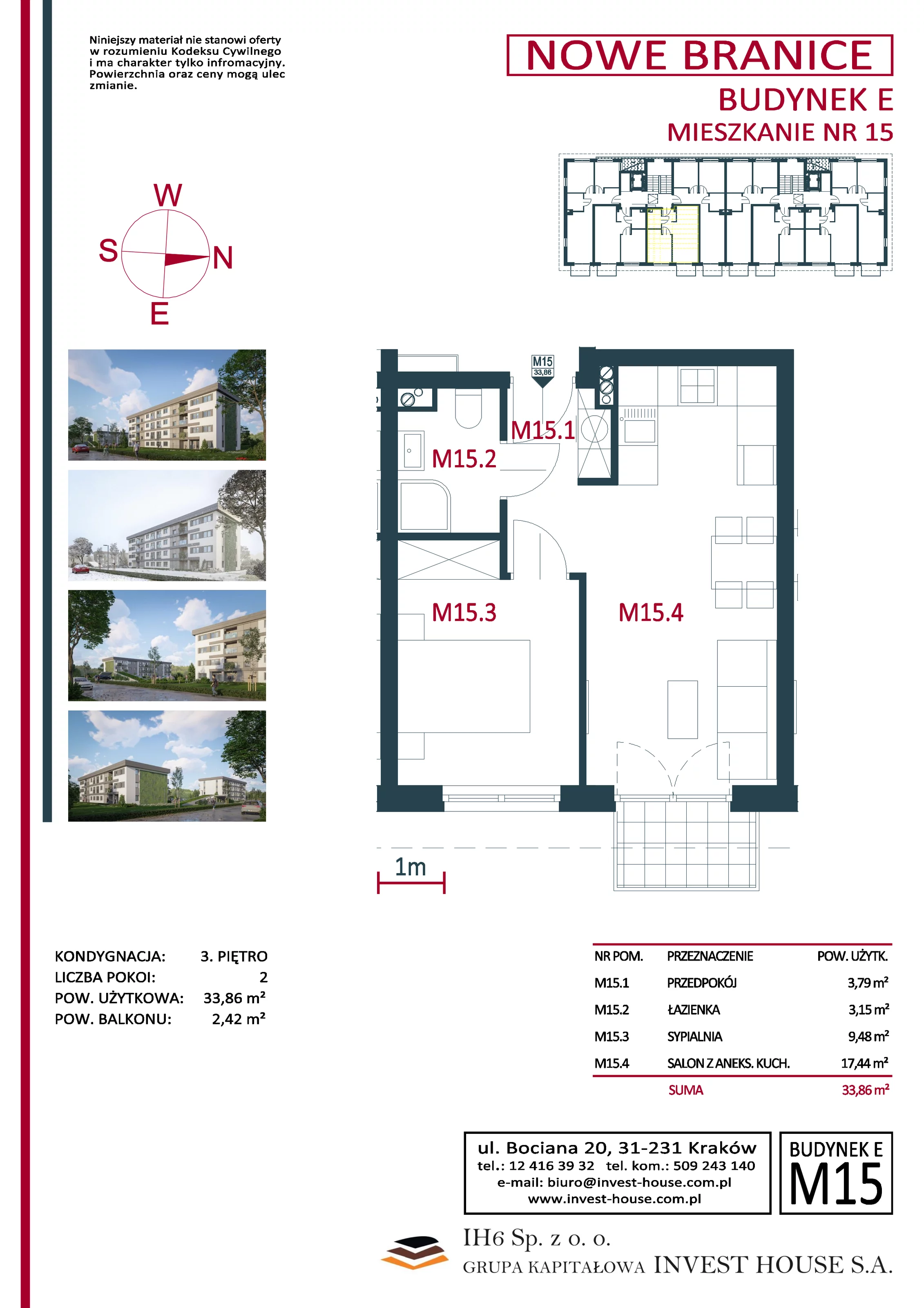 Mieszkanie 33,86 m², piętro 3, oferta nr M15, Nowe Branice – Etap I, Kraków, Nowa Huta, Branice, ul. Szymańskiego