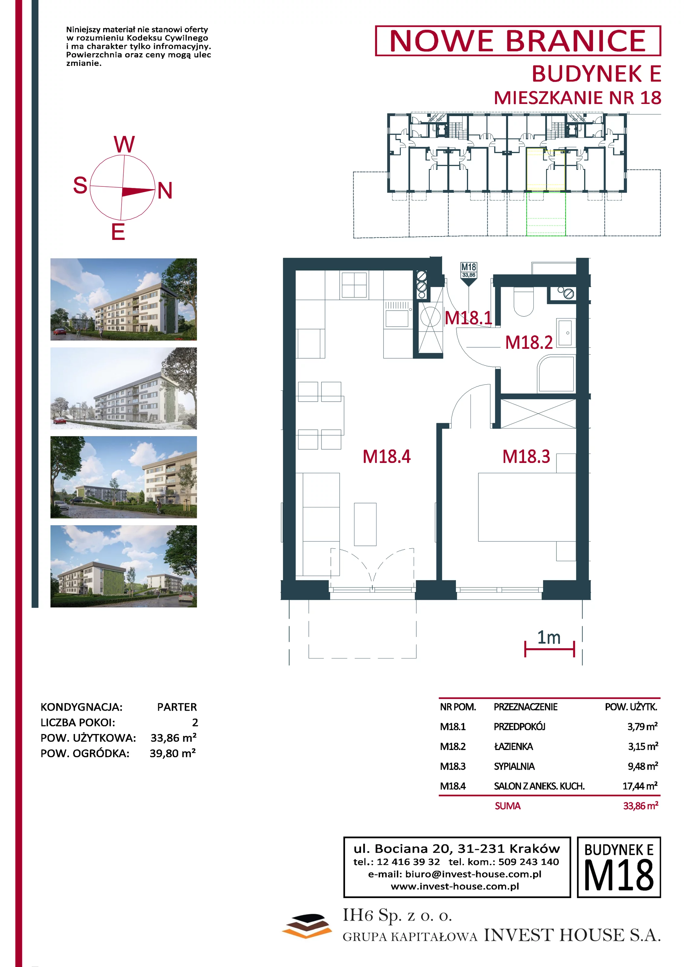 Mieszkanie 33,86 m², parter, oferta nr M18, Nowe Branice – Etap I, Kraków, Nowa Huta, Branice, ul. Szymańskiego
