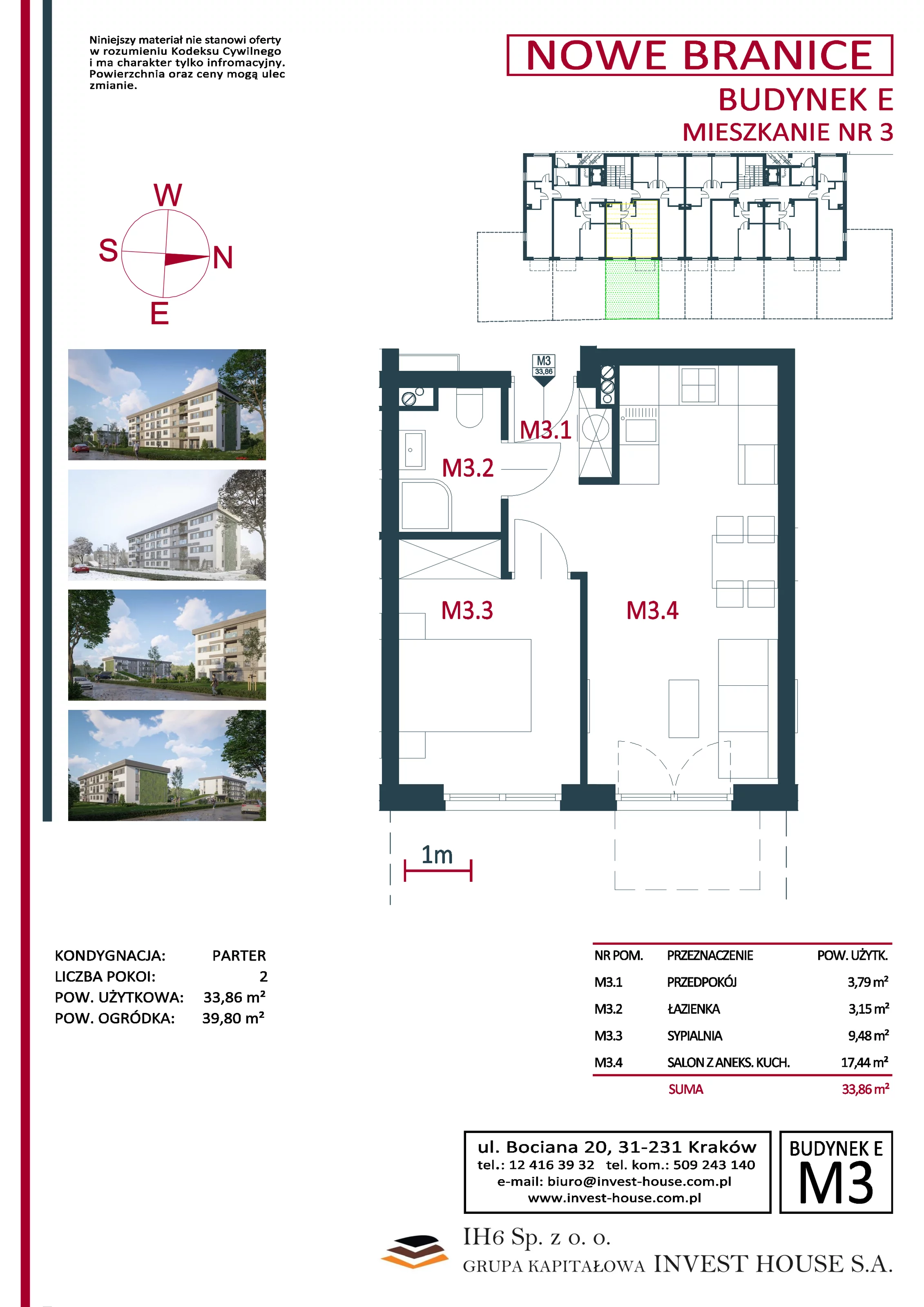 Mieszkanie 33,86 m², parter, oferta nr M3, Nowe Branice – Etap I, Kraków, Nowa Huta, Branice, ul. Szymańskiego