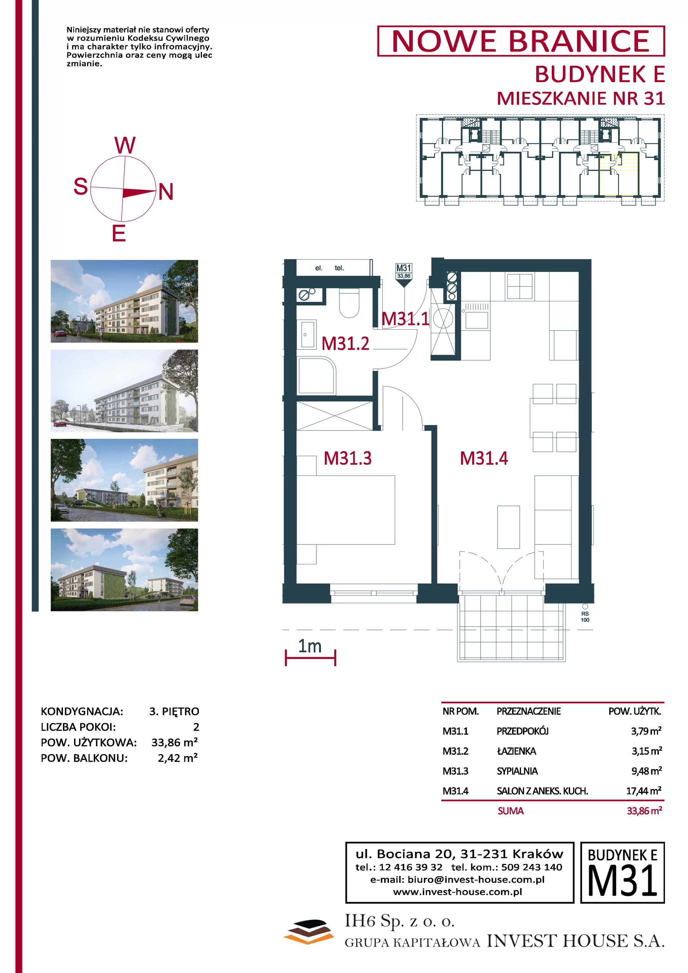 Mieszkanie 33,86 m², piętro 3, oferta nr M31, Nowe Branice – Etap I, Kraków, Nowa Huta, Branice, ul. Szymańskiego