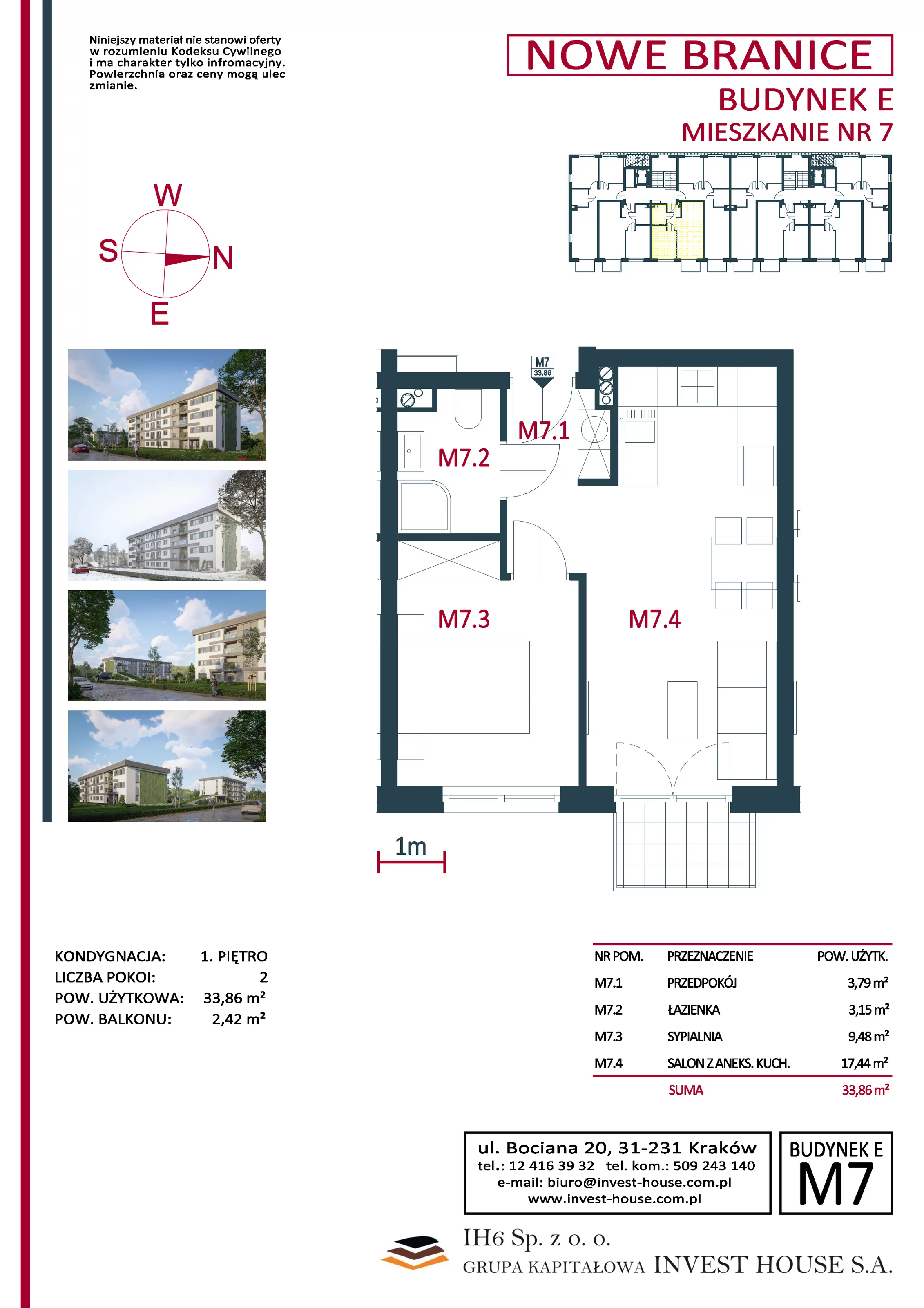 Mieszkanie 33,86 m², piętro 1, oferta nr M7, Nowe Branice – Etap I, Kraków, Nowa Huta, Branice, ul. Szymańskiego