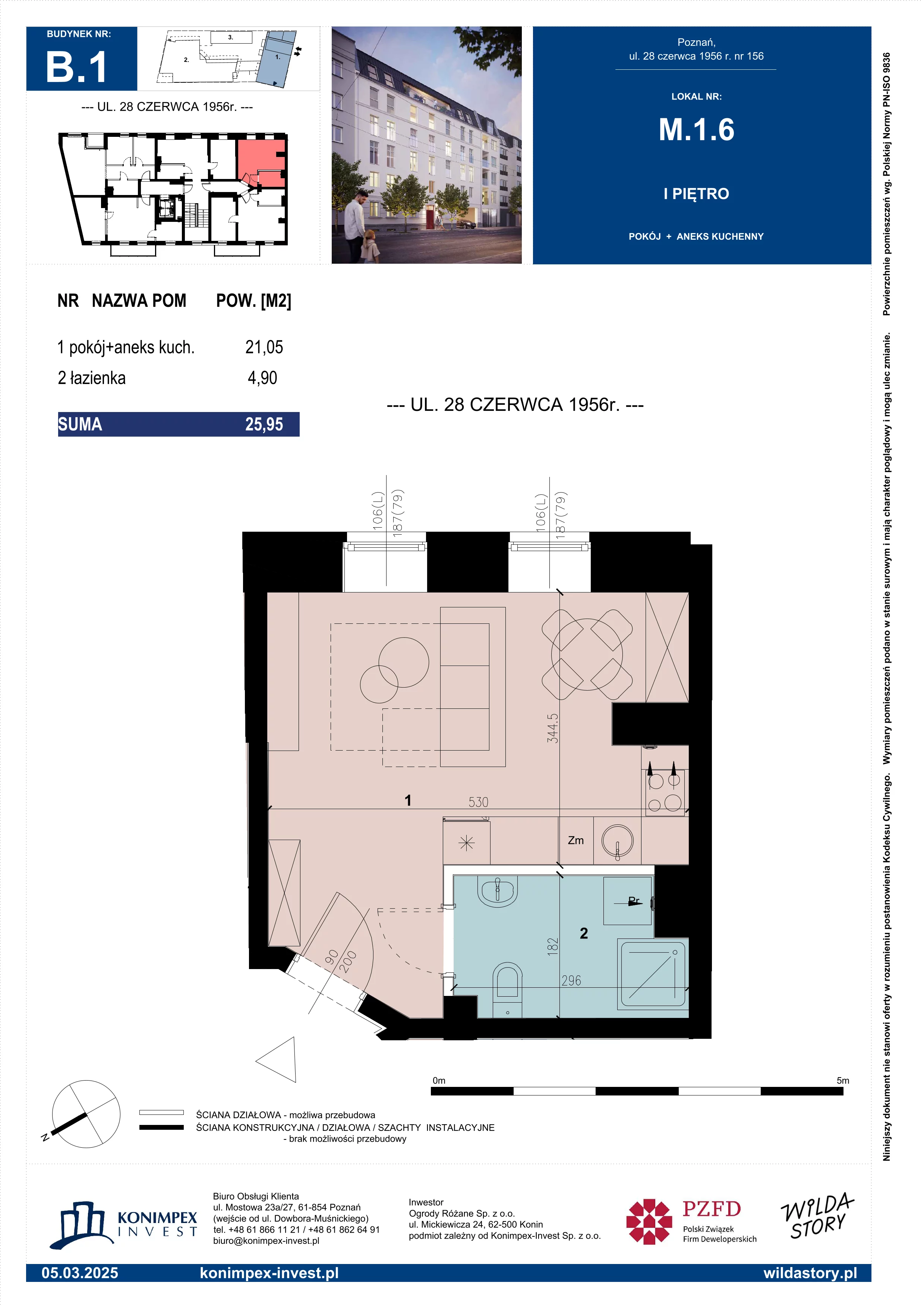 1 pokój, mieszkanie 25,95 m², piętro 1, oferta nr WS-B1-LM-M.1.6, Wilda Story, Poznań, Wilda, Wilda, ul. 28 Czerwca 1956 r. 156