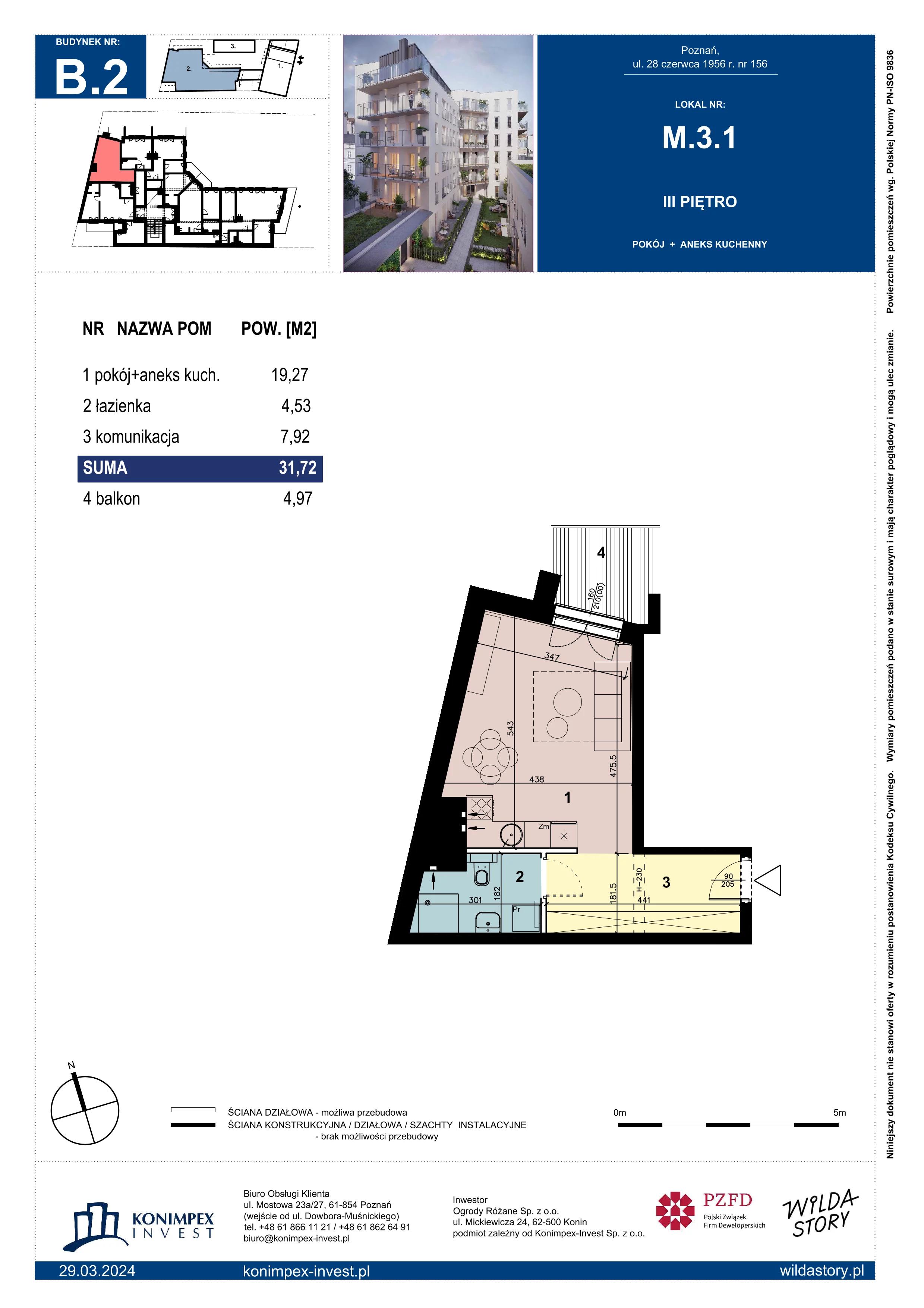 1 pokój, apartament 31,72 m², piętro 3, oferta nr WS-B2-LM-M.3.1, Wilda Story, Poznań, Wilda, Wilda, ul. 28 Czerwca 1956 r. 156