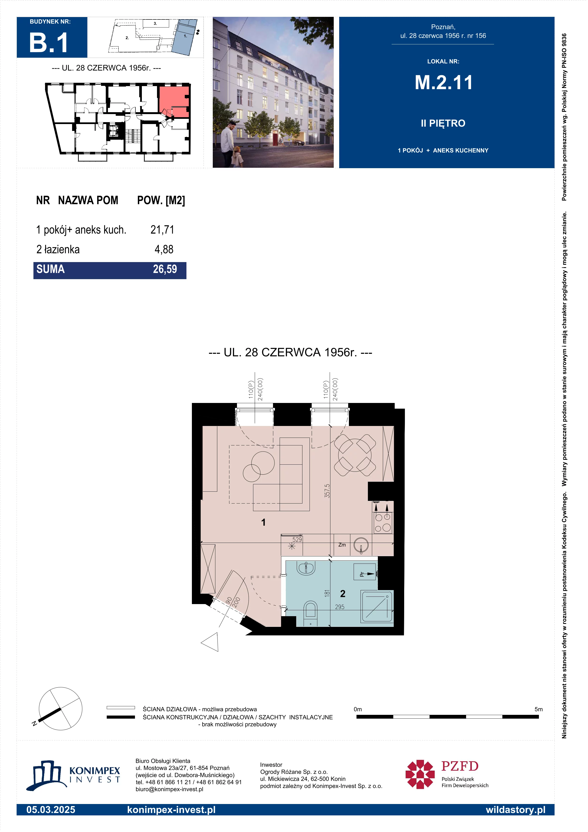1 pokój, mieszkanie 26,59 m², piętro 2, oferta nr WS-B1-LM-M.2.11, Wilda Story, Poznań, Wilda, Wilda, ul. 28 Czerwca 1956 r. 156