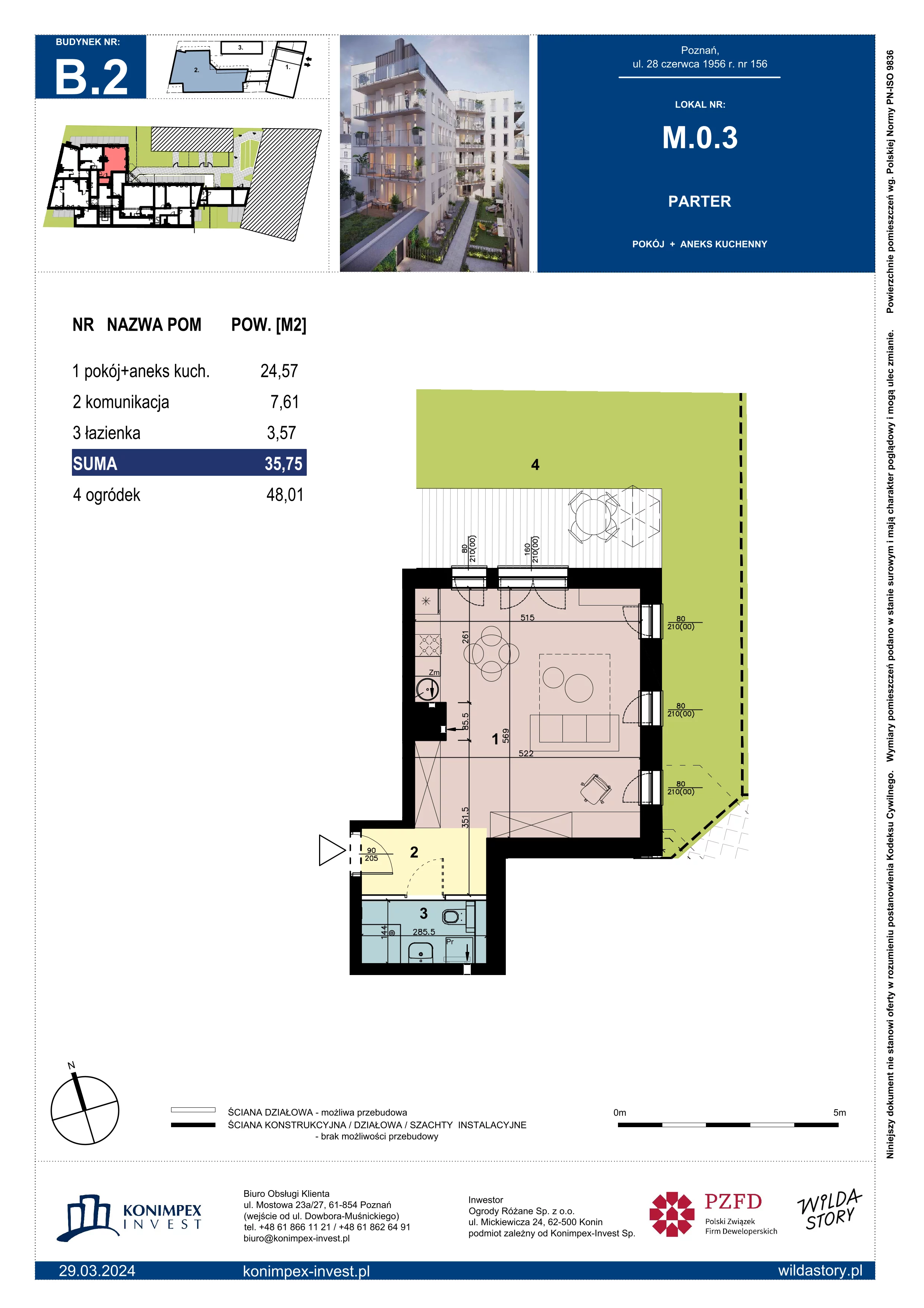 1 pokój, mieszkanie 35,75 m², parter, oferta nr WS-B2-LM-M.0.3, Wilda Story, Poznań, Wilda, Wilda, ul. 28 Czerwca 1956 r. 156
