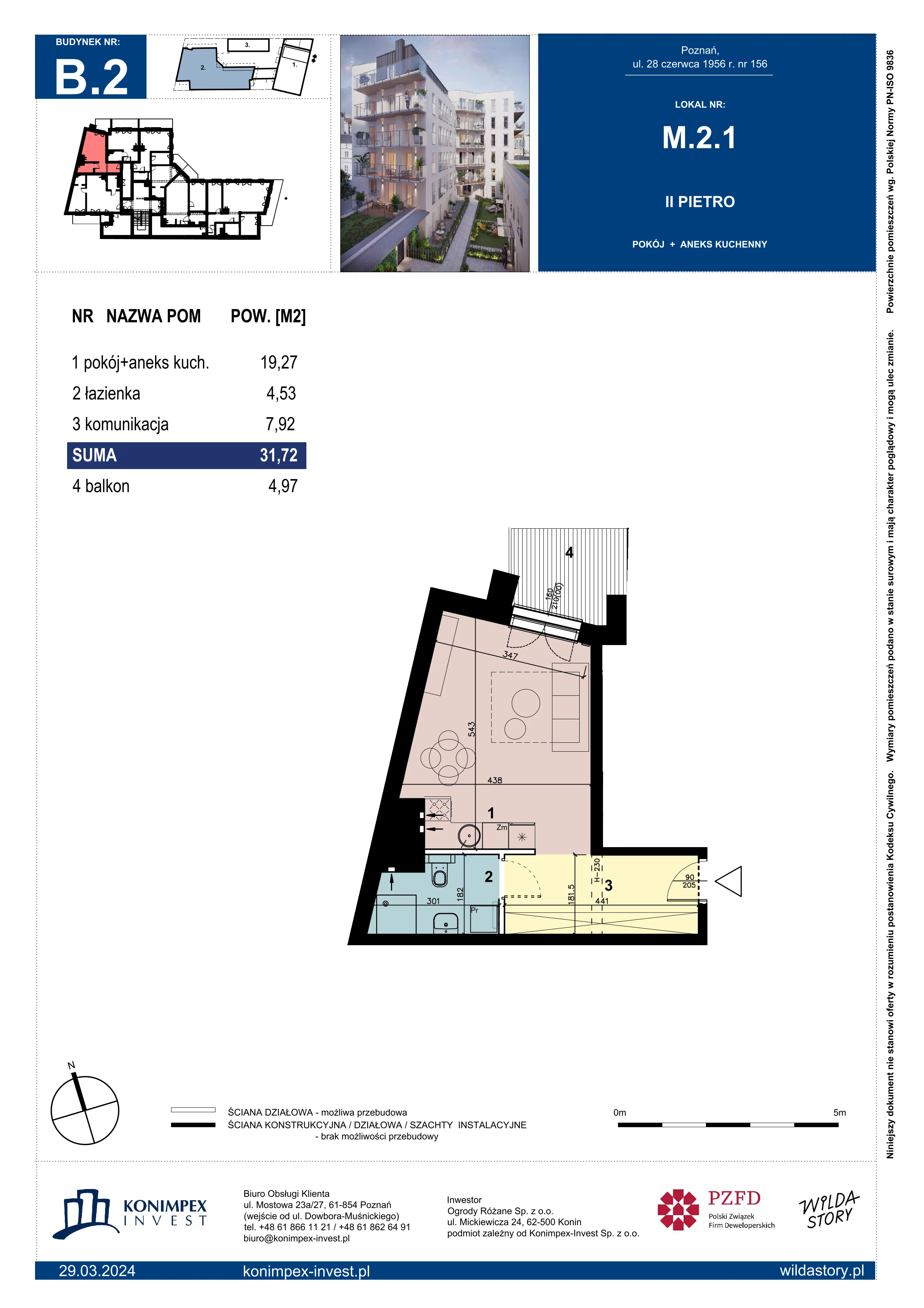 1 pokój, mieszkanie 31,72 m², piętro 2, oferta nr WS-B2-LM-M.2.1, Wilda Story, Poznań, Wilda, Wilda, ul. 28 Czerwca 1956 r. 156