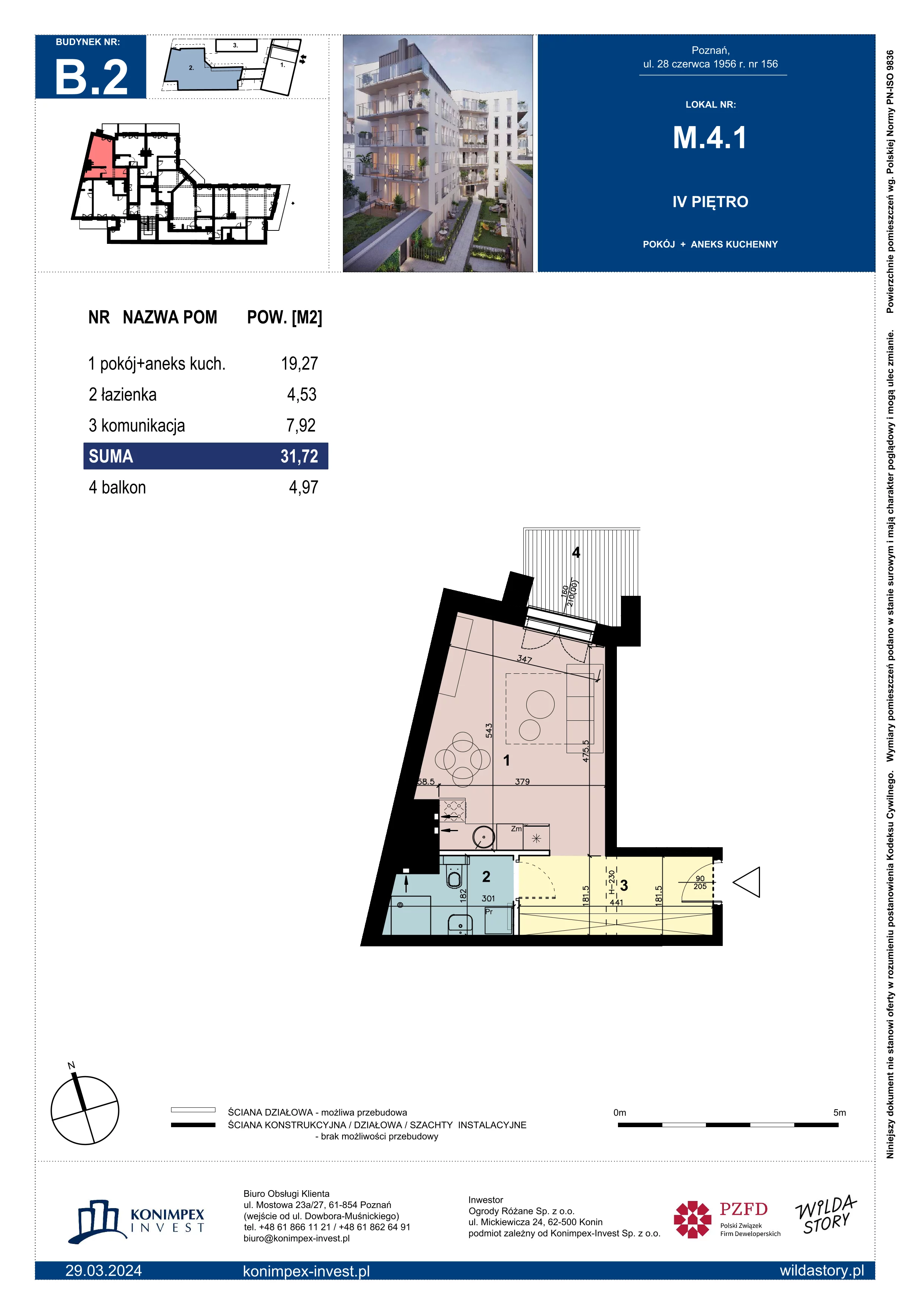 1 pokój, mieszkanie 31,72 m², piętro 4, oferta nr WS-B2-LM-M.4.1, Wilda Story, Poznań, Wilda, Wilda, ul. 28 Czerwca 1956 r. 156
