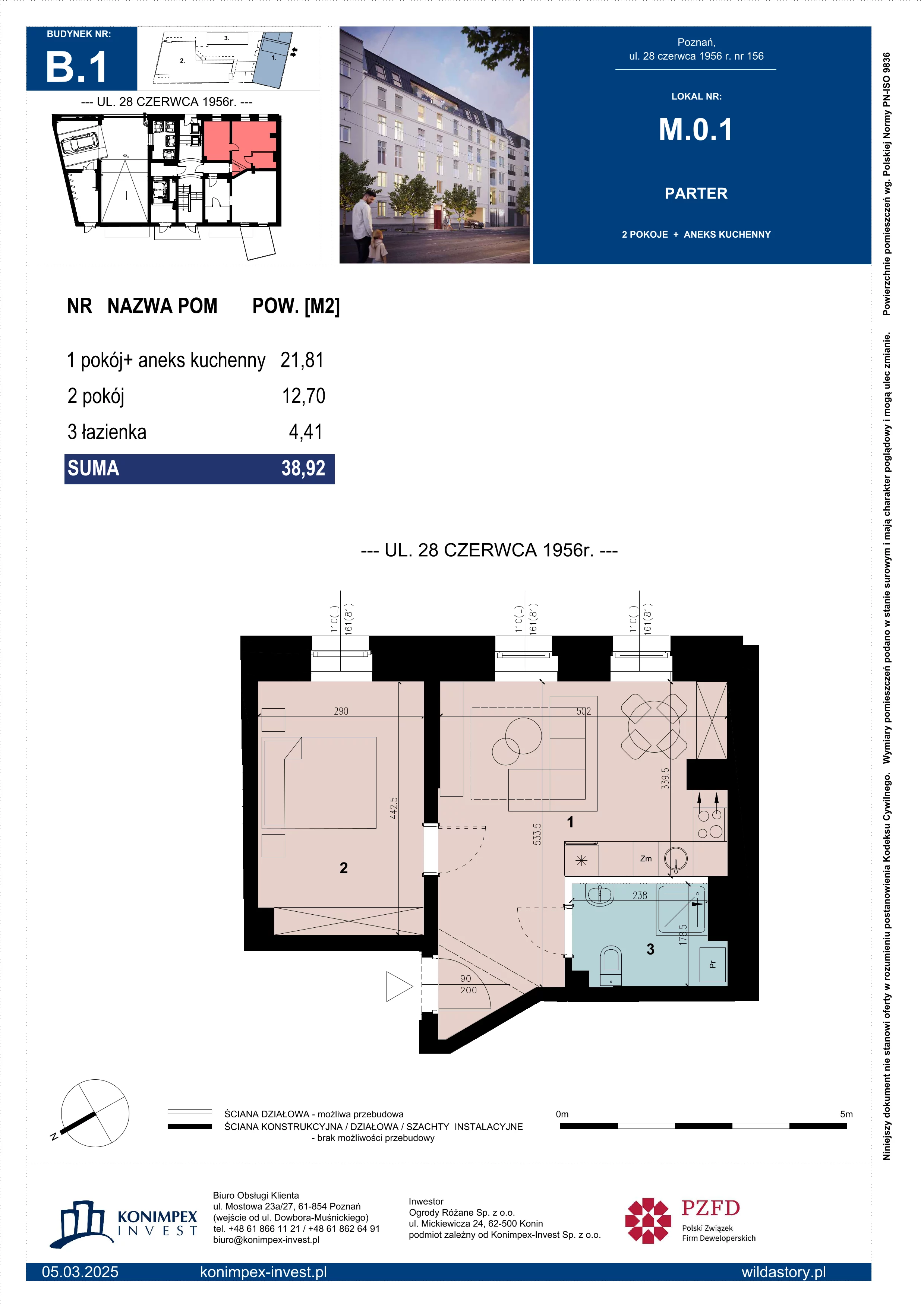 2 pokoje, mieszkanie 38,92 m², parter, oferta nr WS-B1-LM-M.0.1, Wilda Story, Poznań, Wilda, Wilda, ul. 28 Czerwca 1956 r. 156