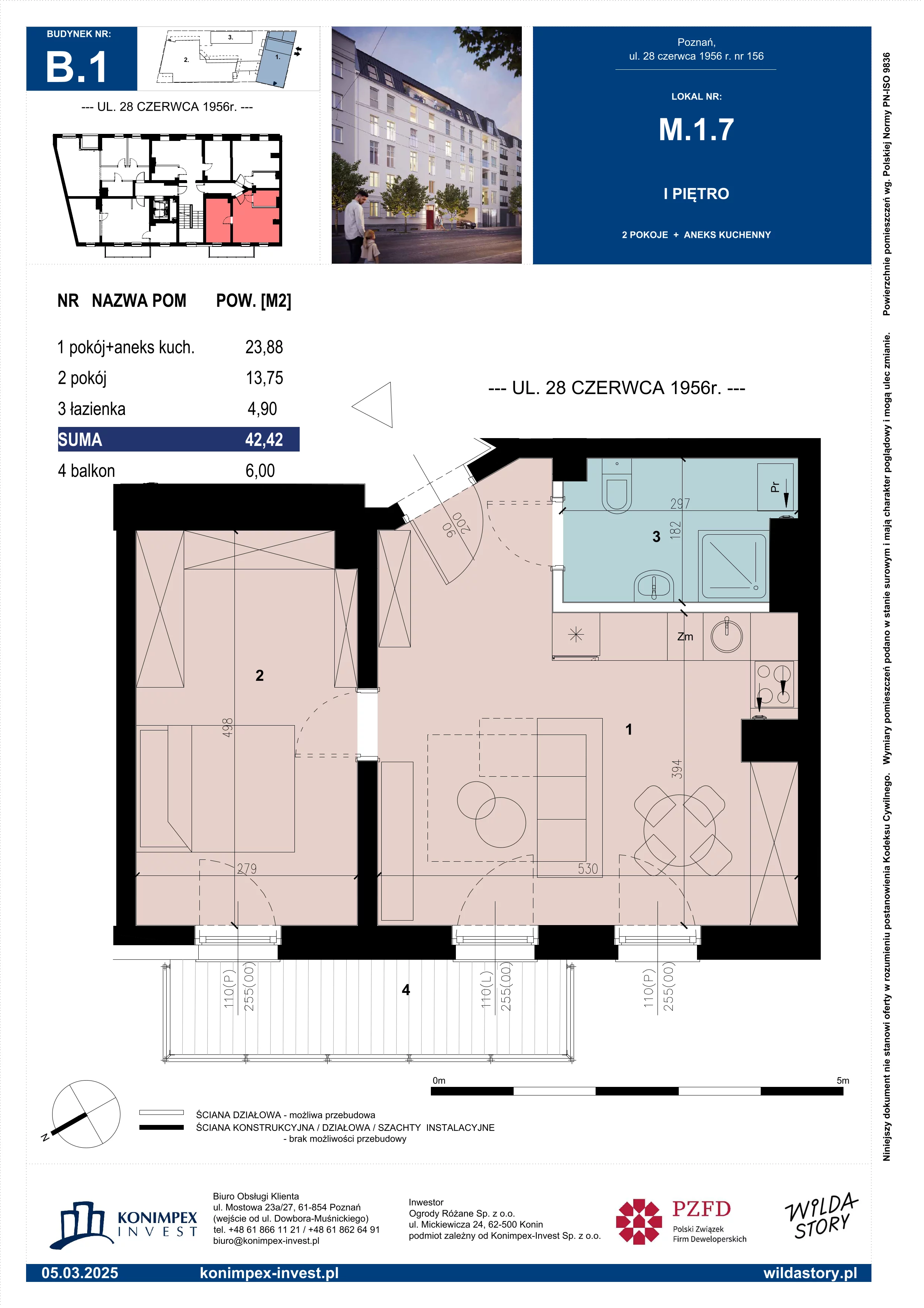 2 pokoje, mieszkanie 42,42 m², piętro 1, oferta nr WS-B1-LM-M.1.7, Wilda Story, Poznań, Wilda, Wilda, ul. 28 Czerwca 1956 r. 156