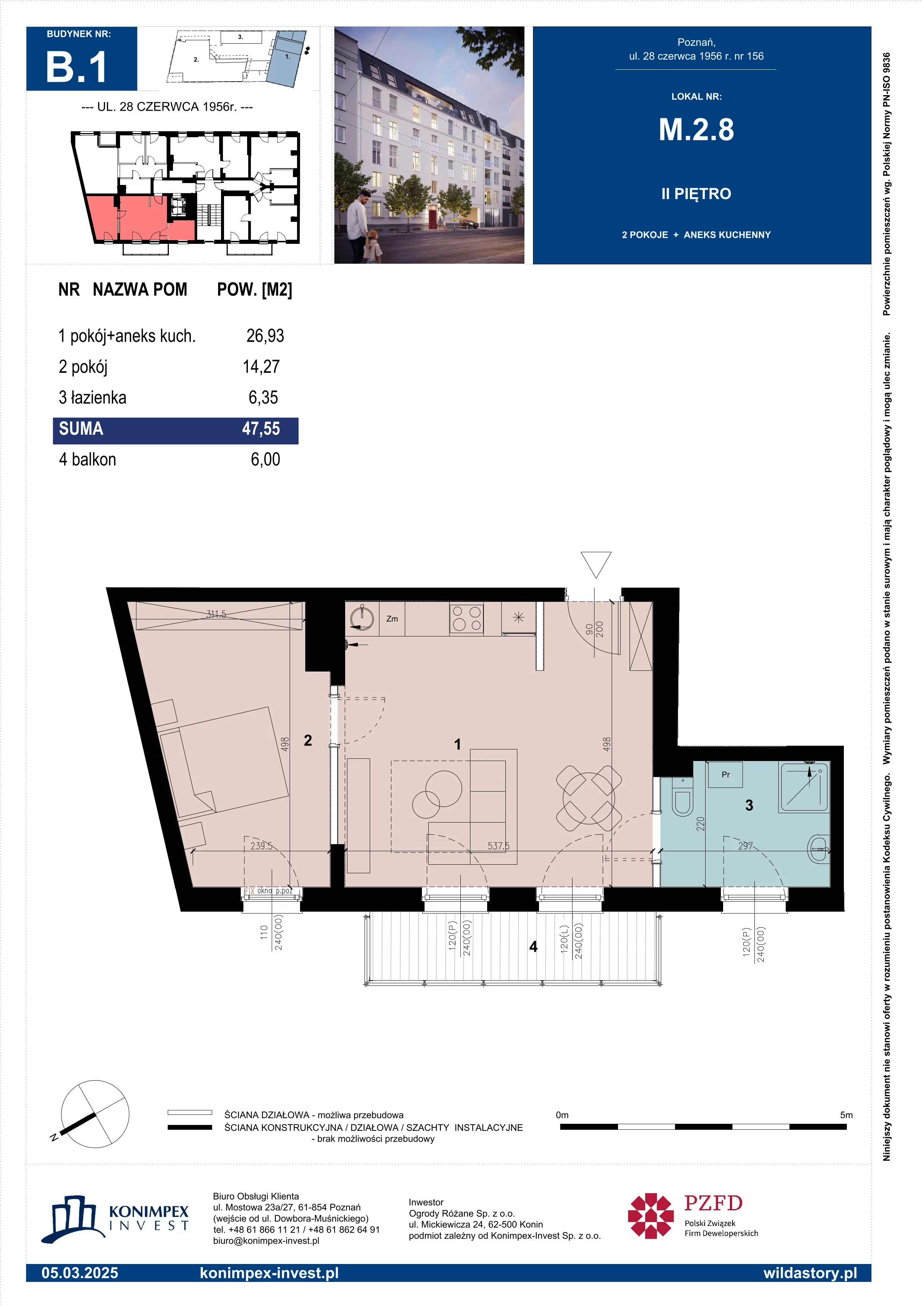 2 pokoje, mieszkanie 47,55 m², piętro 2, oferta nr WS-B1-LM-M.2.8, Wilda Story, Poznań, Wilda, Wilda, ul. 28 Czerwca 1956 r. 156
