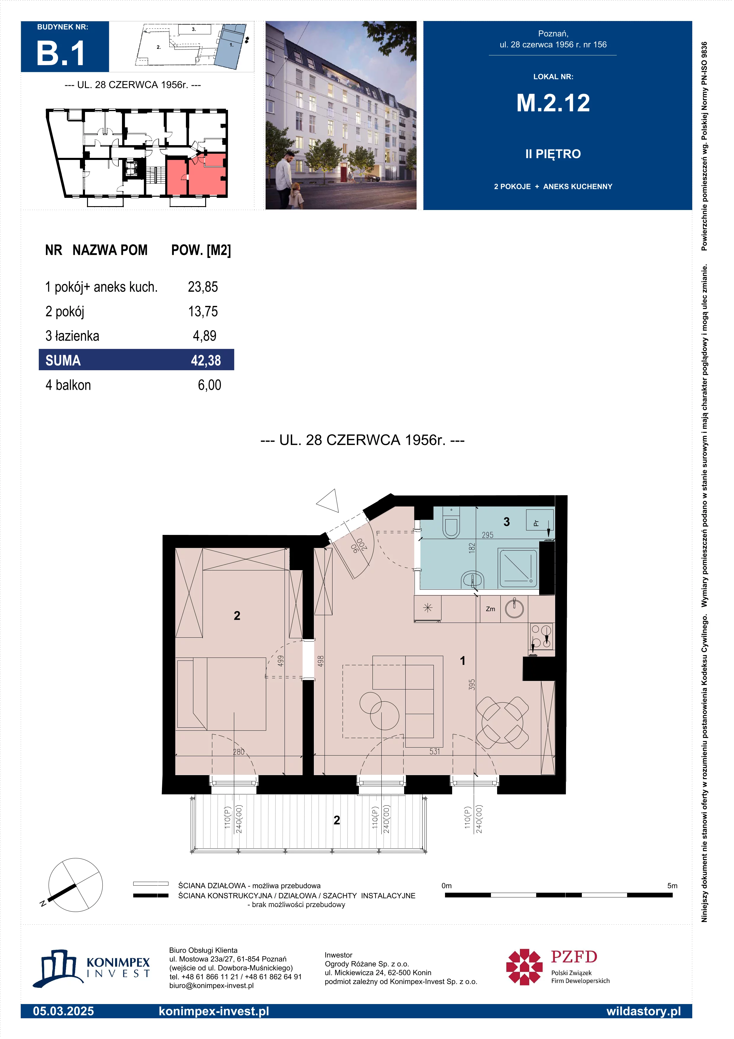 2 pokoje, mieszkanie 42,38 m², piętro 2, oferta nr WS-B1-LM-M.2.12, Wilda Story, Poznań, Wilda, Wilda, ul. 28 Czerwca 1956 r. 156