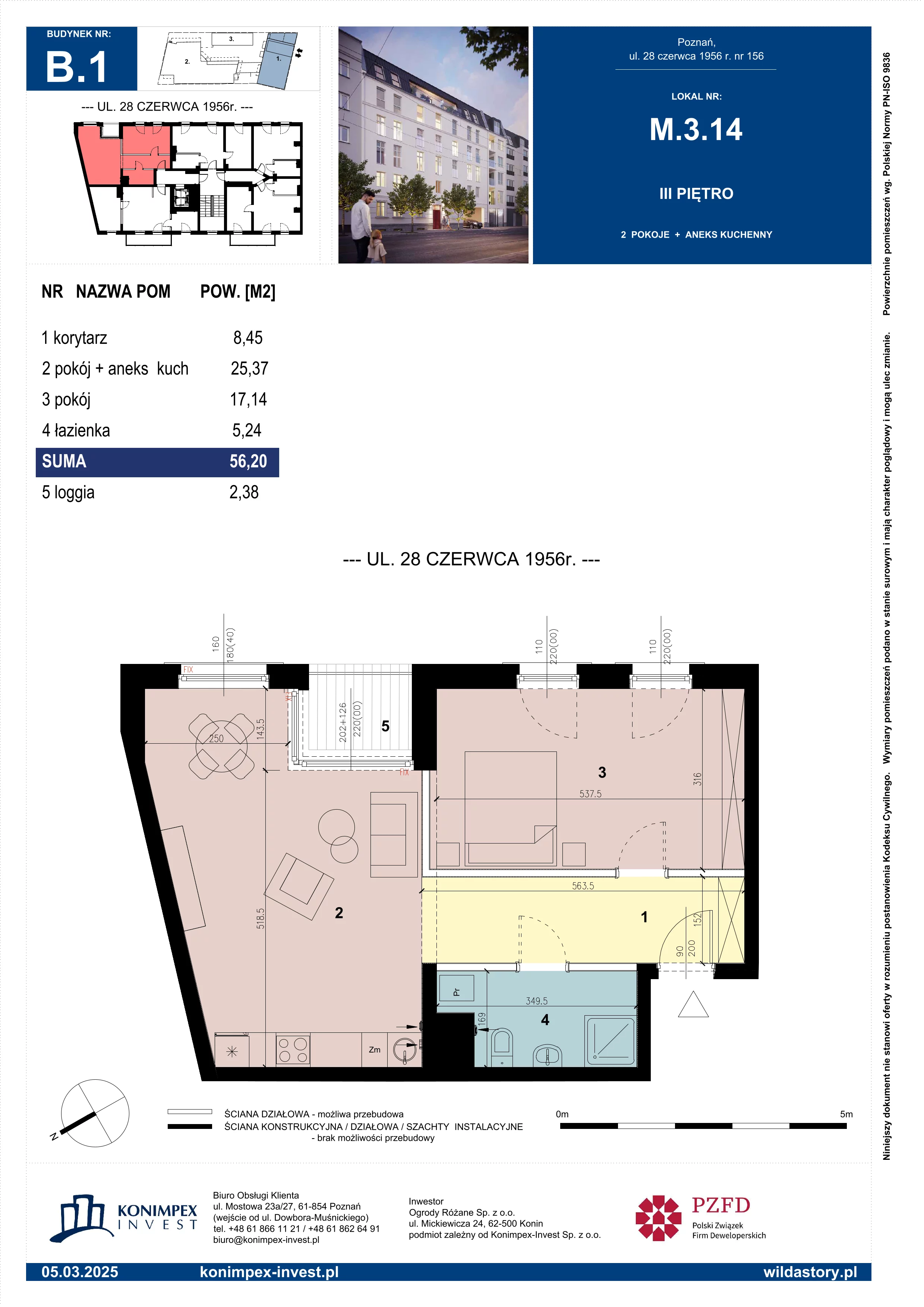 2 pokoje, mieszkanie 56,20 m², piętro 3, oferta nr WS-B1-LM-M.3.14, Wilda Story, Poznań, Wilda, Wilda, ul. 28 Czerwca 1956 r. 156