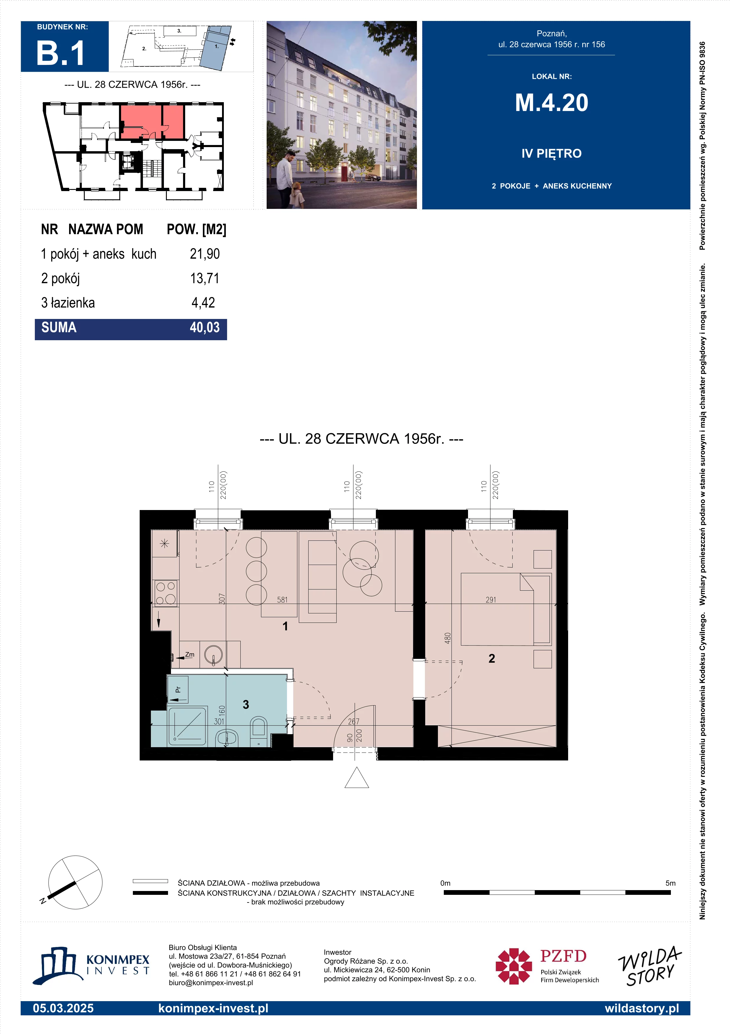 2 pokoje, mieszkanie 40,03 m², piętro 4, oferta nr WS-B1-LM-M.4.20, Wilda Story, Poznań, Wilda, Wilda, ul. 28 Czerwca 1956 r. 156