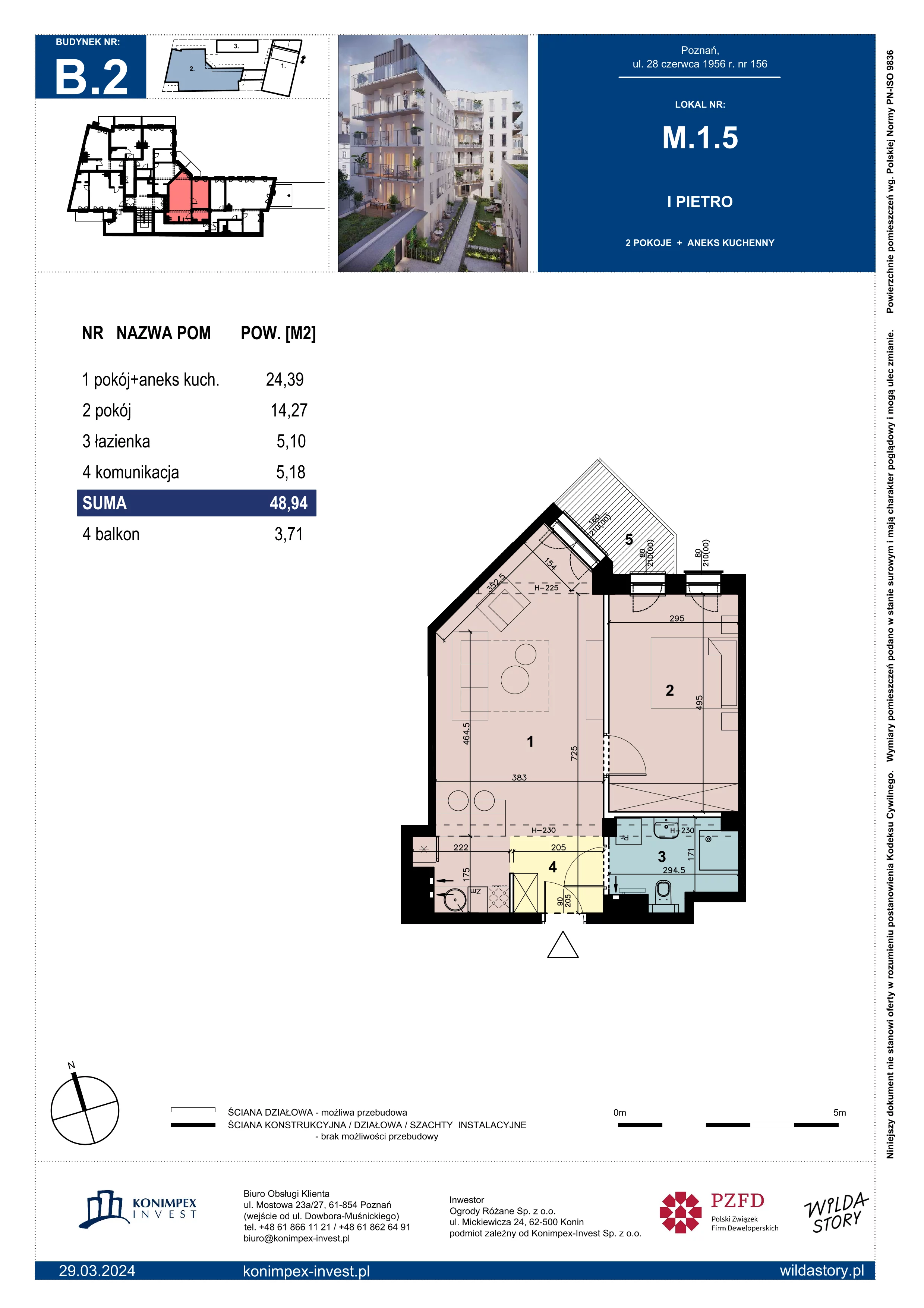 2 pokoje, mieszkanie 48,94 m², piętro 1, oferta nr WS-B2-LM-M.1.5, Wilda Story, Poznań, Wilda, Wilda, ul. 28 Czerwca 1956 r. 156