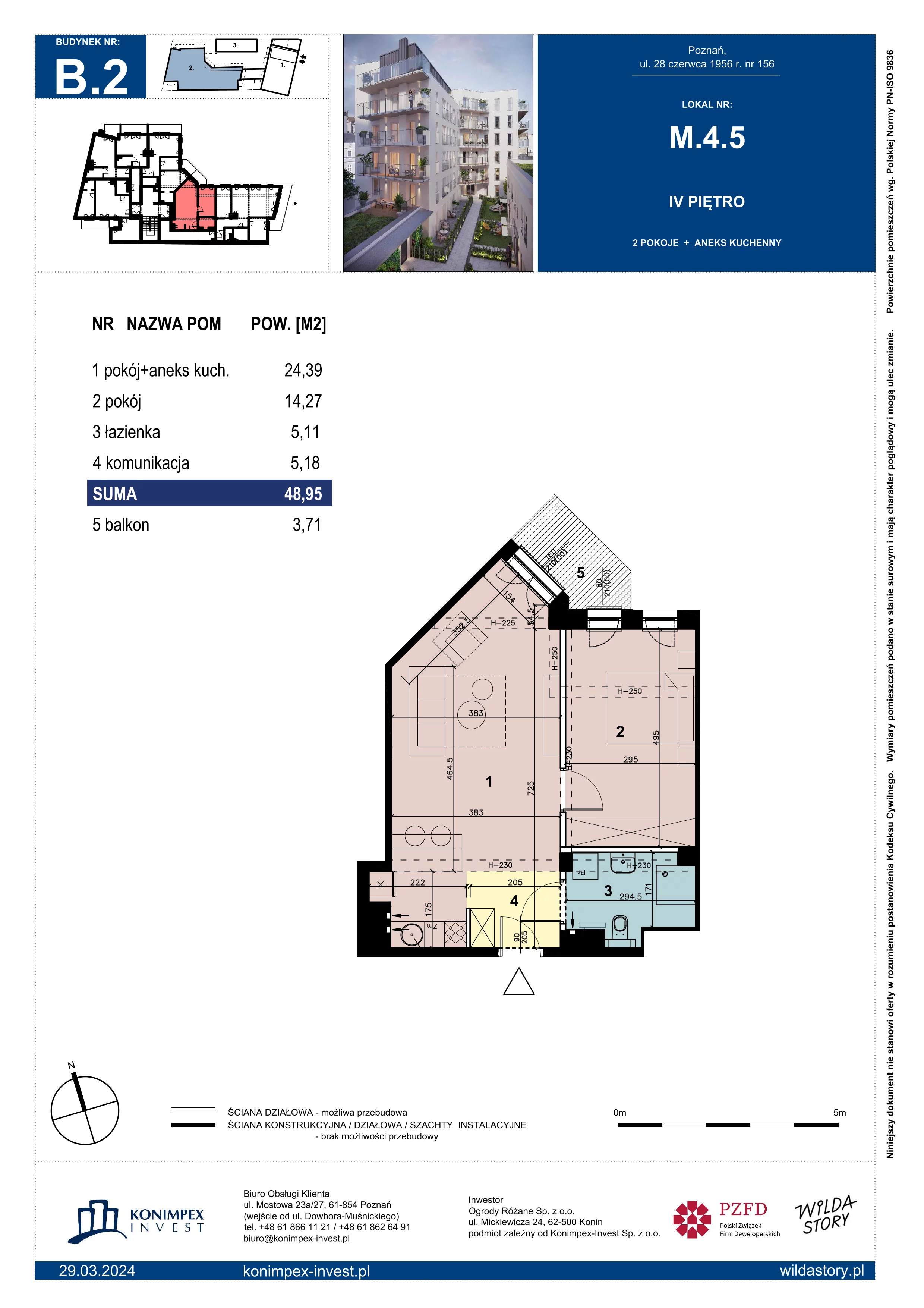 2 pokoje, mieszkanie 48,95 m², piętro 4, oferta nr WS-B2-LM-M.4.5, Wilda Story, Poznań, Wilda, Wilda, ul. 28 Czerwca 1956 r. 156